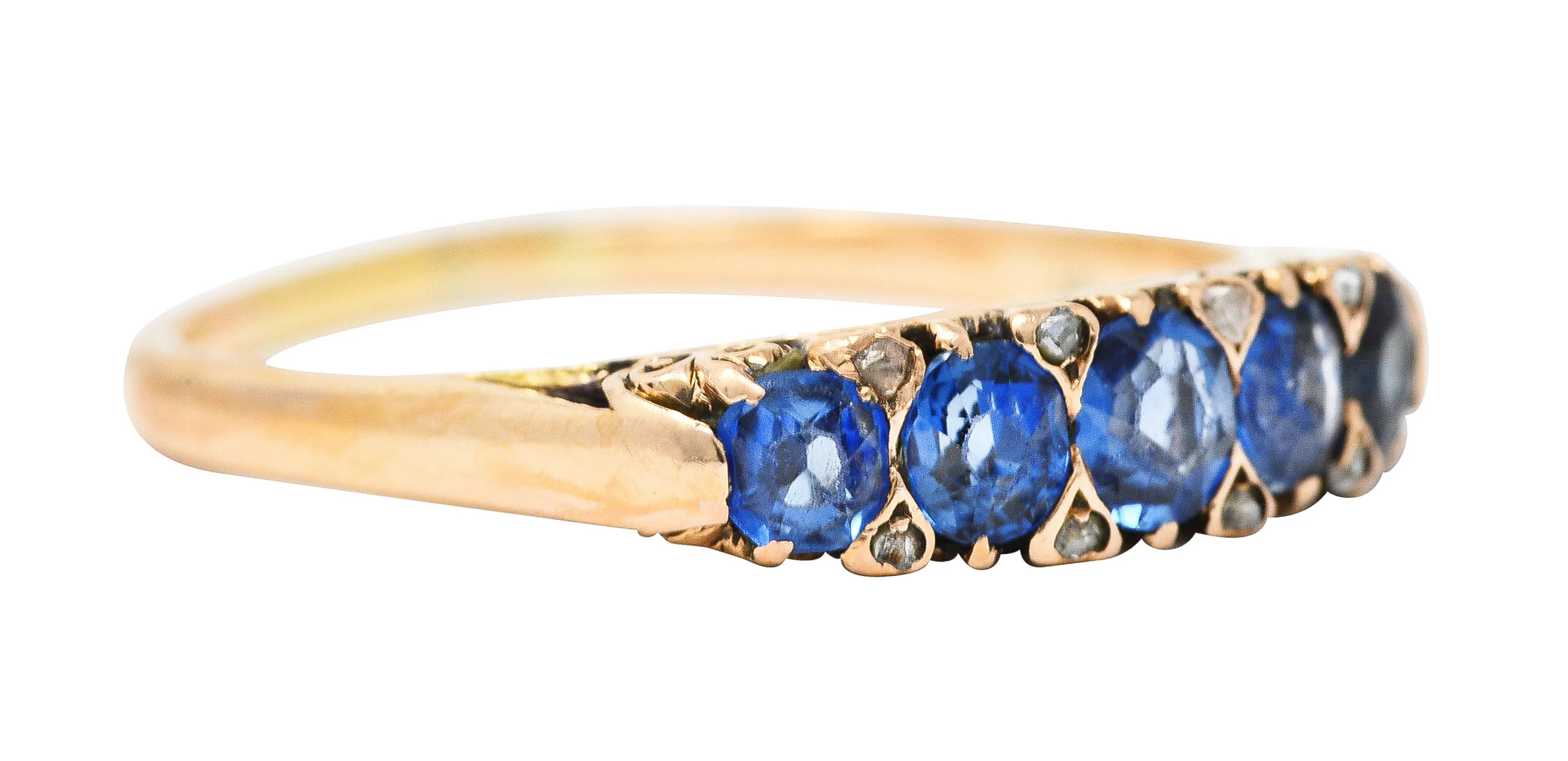 Victorian 1.15 CTW Cushion Cut Sapphire Diamond 14 Karat Yellow Gold Fleur-De-Lis Five Stone Antique Band Ring - Image 2