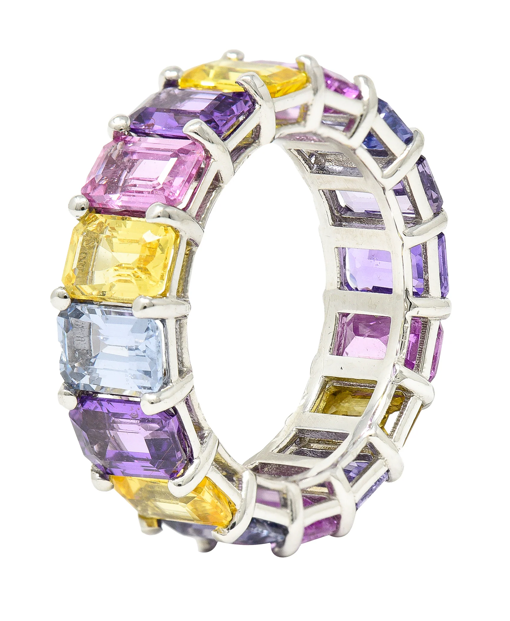 12.16 CTW Multi-Color Pink Purple Blue Emerald Cut Sapphire 18 Karat White Gold Pastel Eternity Band Ring - Image 4
