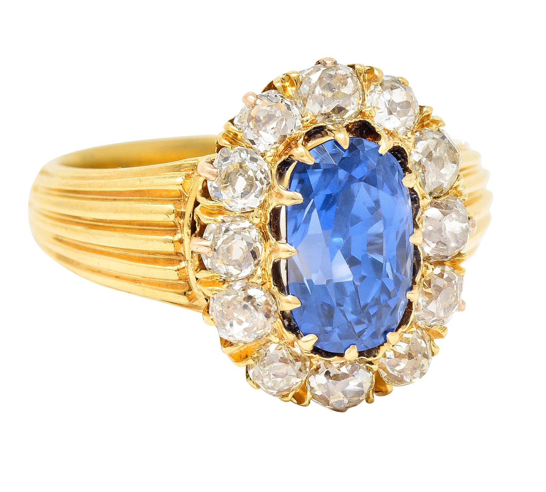 1867 Victorian 4.16 CTW Oval Cut No Heat Ceylon Sapphire Old Mine Cut Diamond 18 Karat Yellow Gold Antique Halo Ring GIA - Image 2