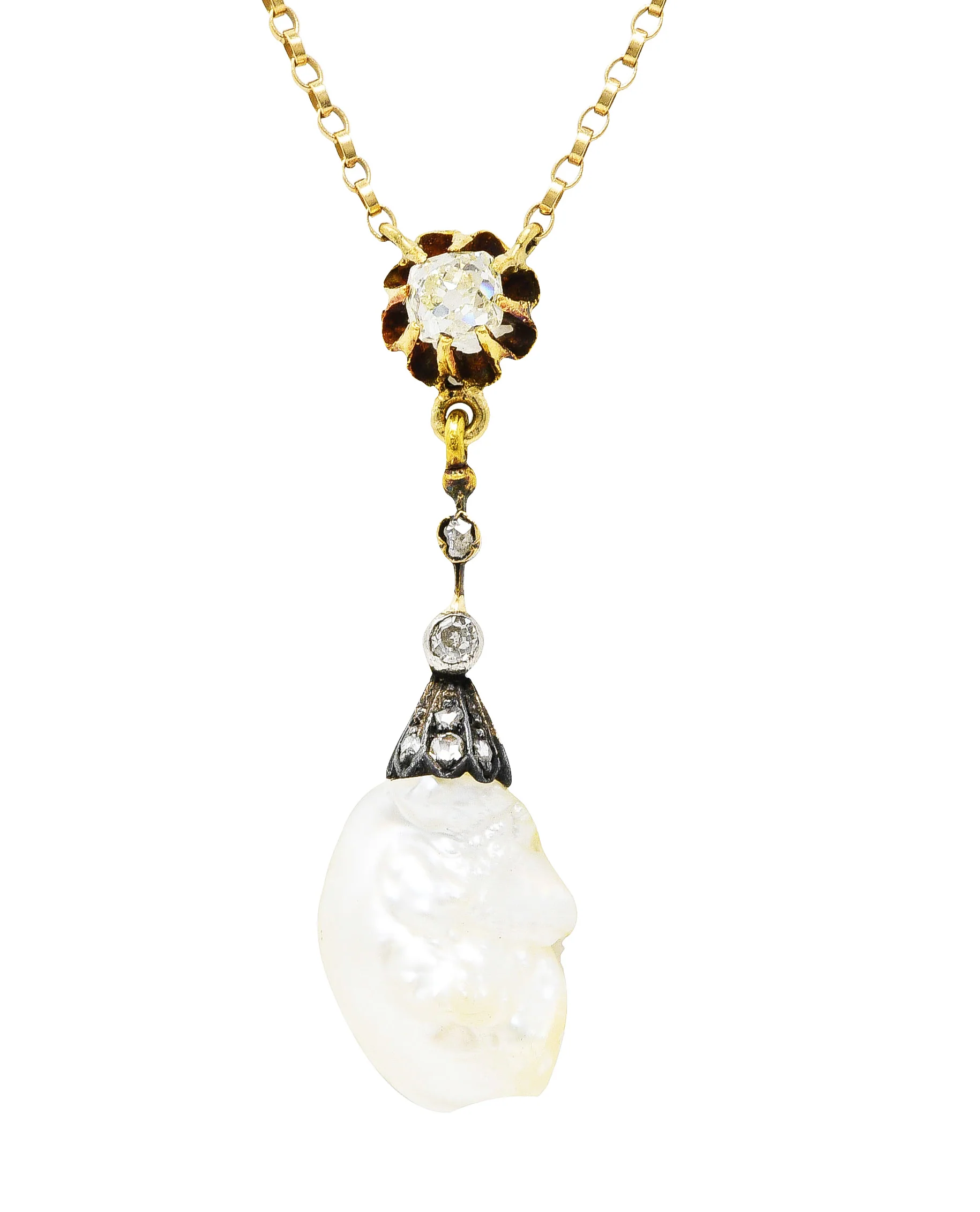 1880's Victorian Baroque Pearl 0.25 CTW Diamond Silver 14 Karat Yellow Gold Drop Necklace