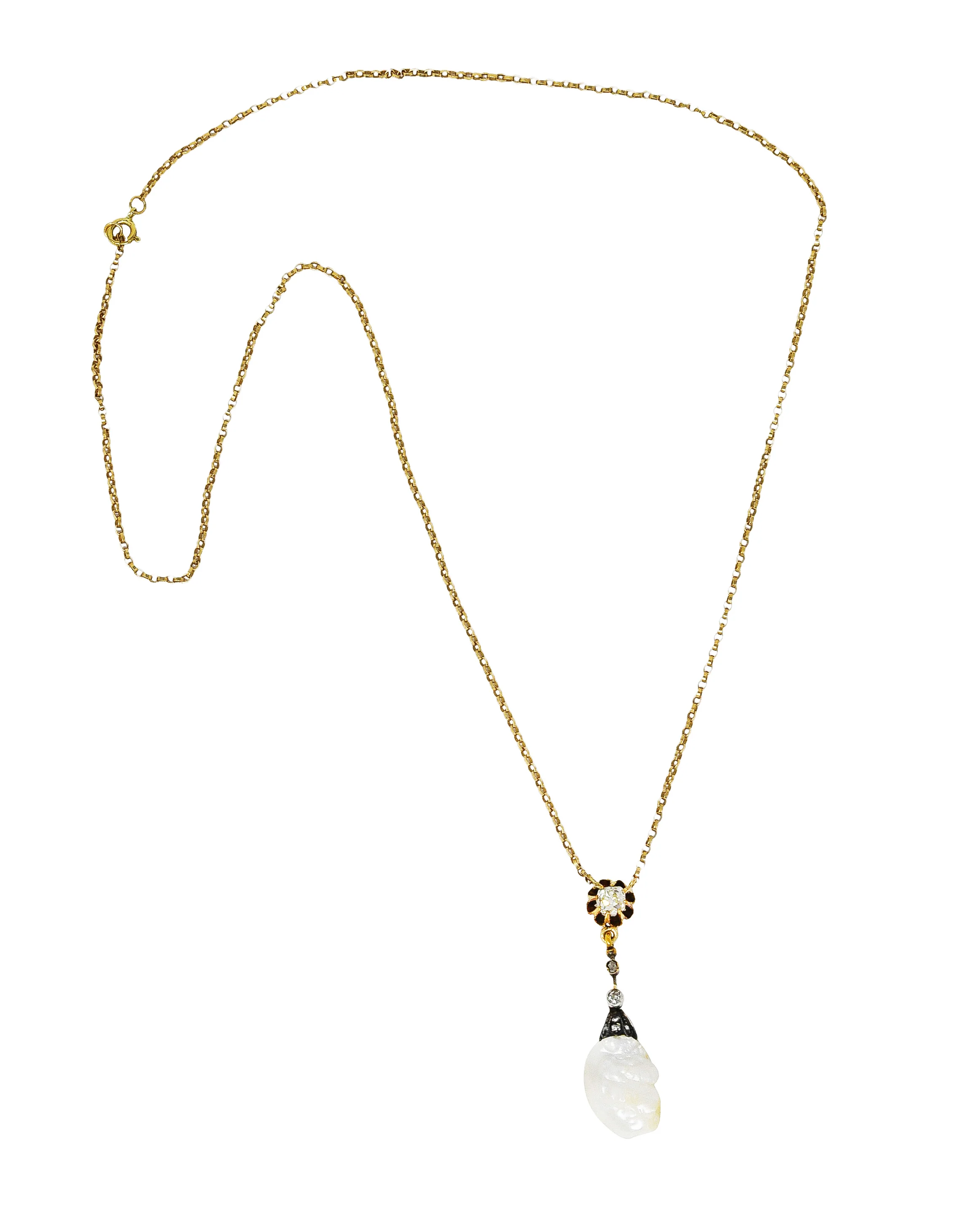 1880's Victorian Baroque Pearl 0.25 CTW Diamond Silver 14 Karat Yellow Gold Drop Necklace - Image 2