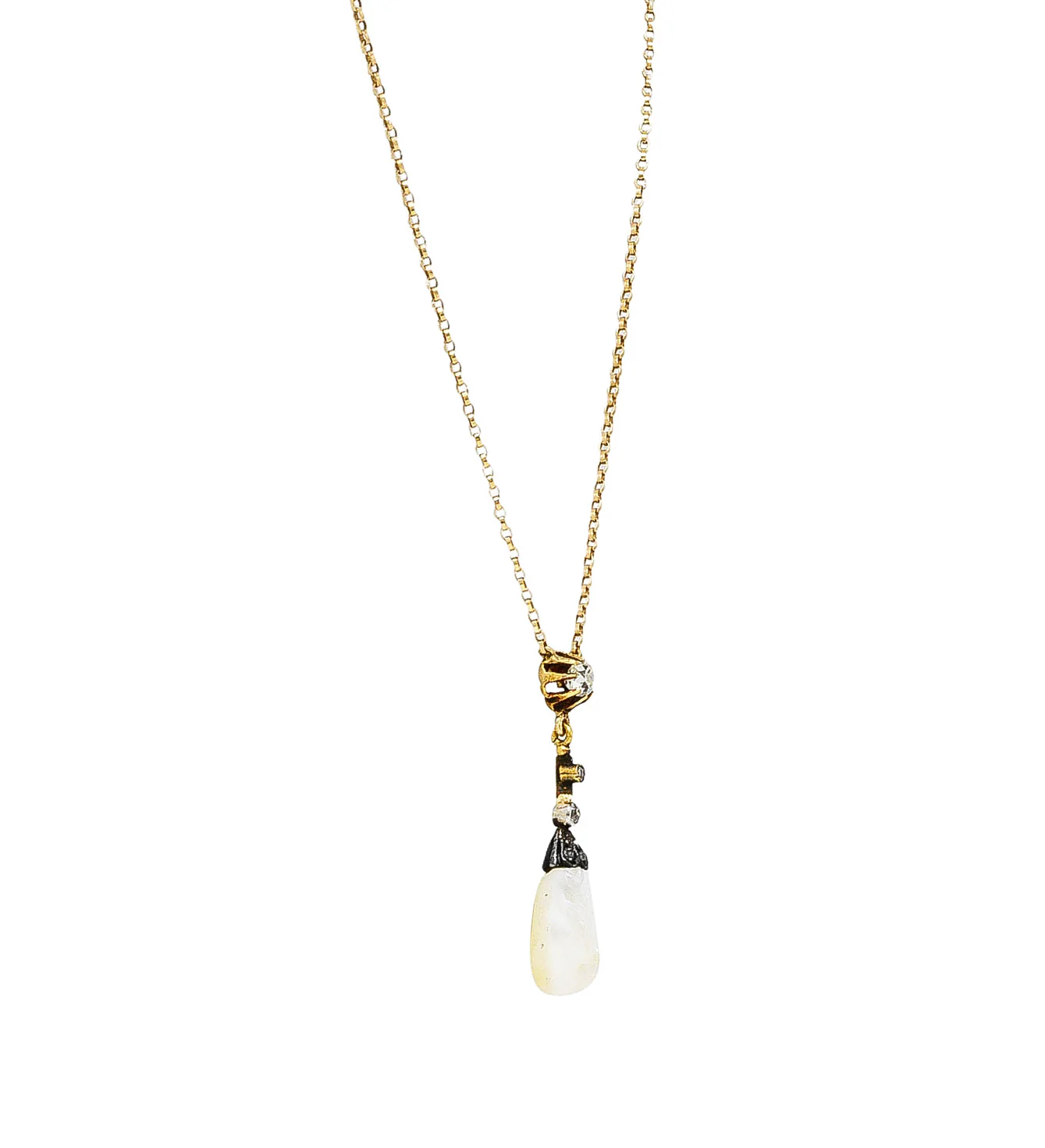 1880's Victorian Baroque Pearl 0.25 CTW Diamond Silver 14 Karat Yellow Gold Drop Necklace - Image 3