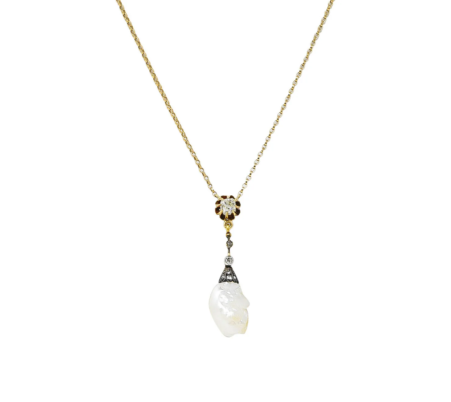 1880's Victorian Baroque Pearl 0.25 CTW Diamond Silver 14 Karat Yellow Gold Drop Necklace - Image 4