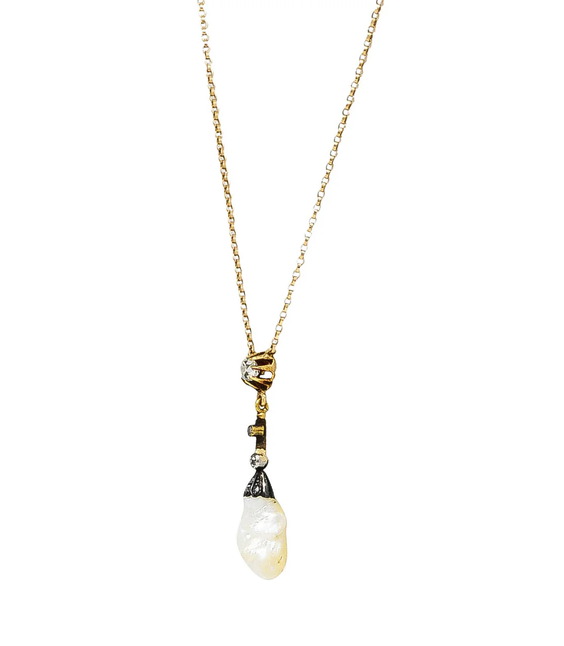 1880's Victorian Baroque Pearl 0.25 CTW Diamond Silver 14 Karat Yellow Gold Drop Necklace - Image 5
