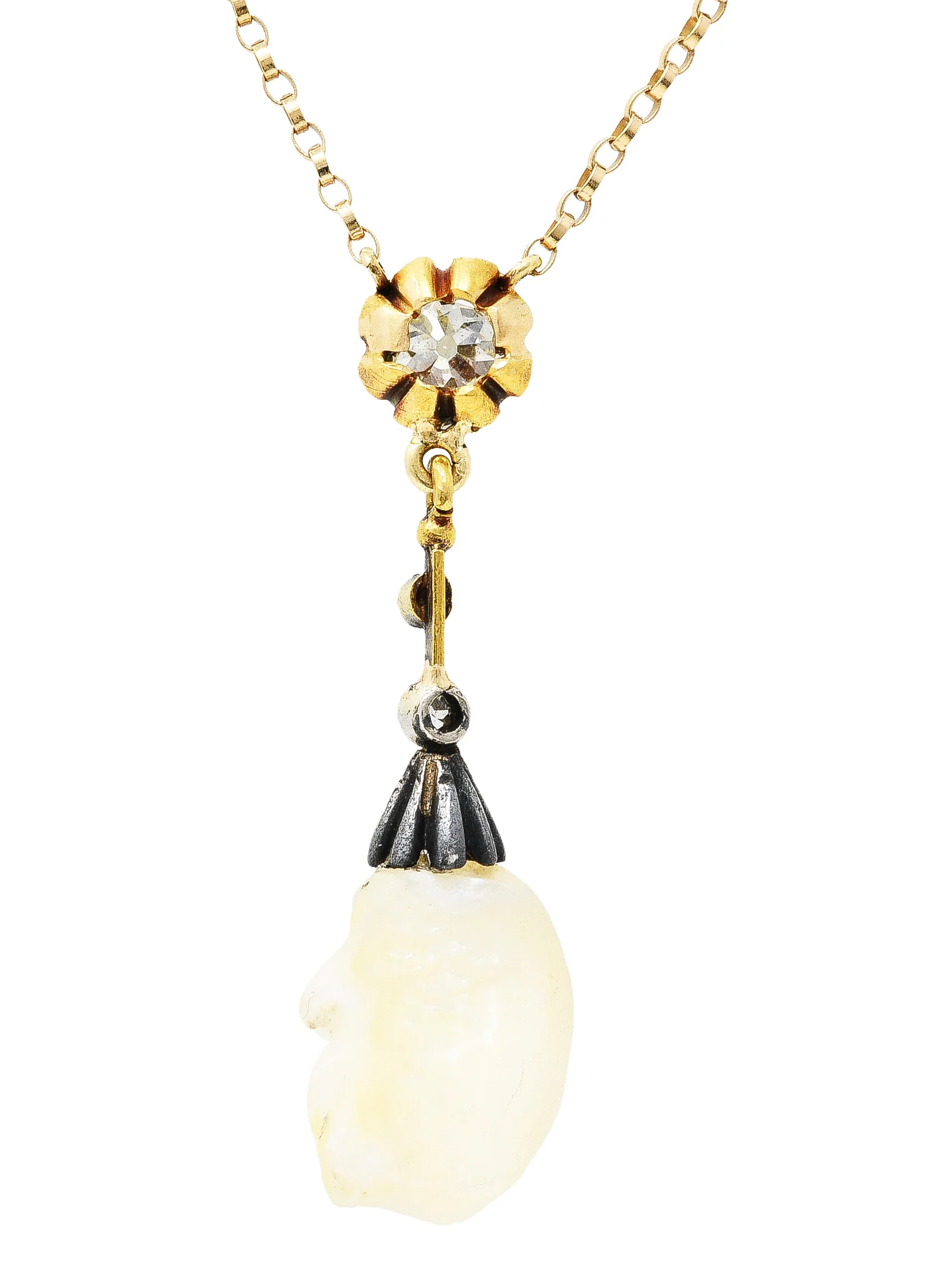 1880's Victorian Baroque Pearl 0.25 CTW Diamond Silver 14 Karat Yellow Gold Drop Necklace - Image 6