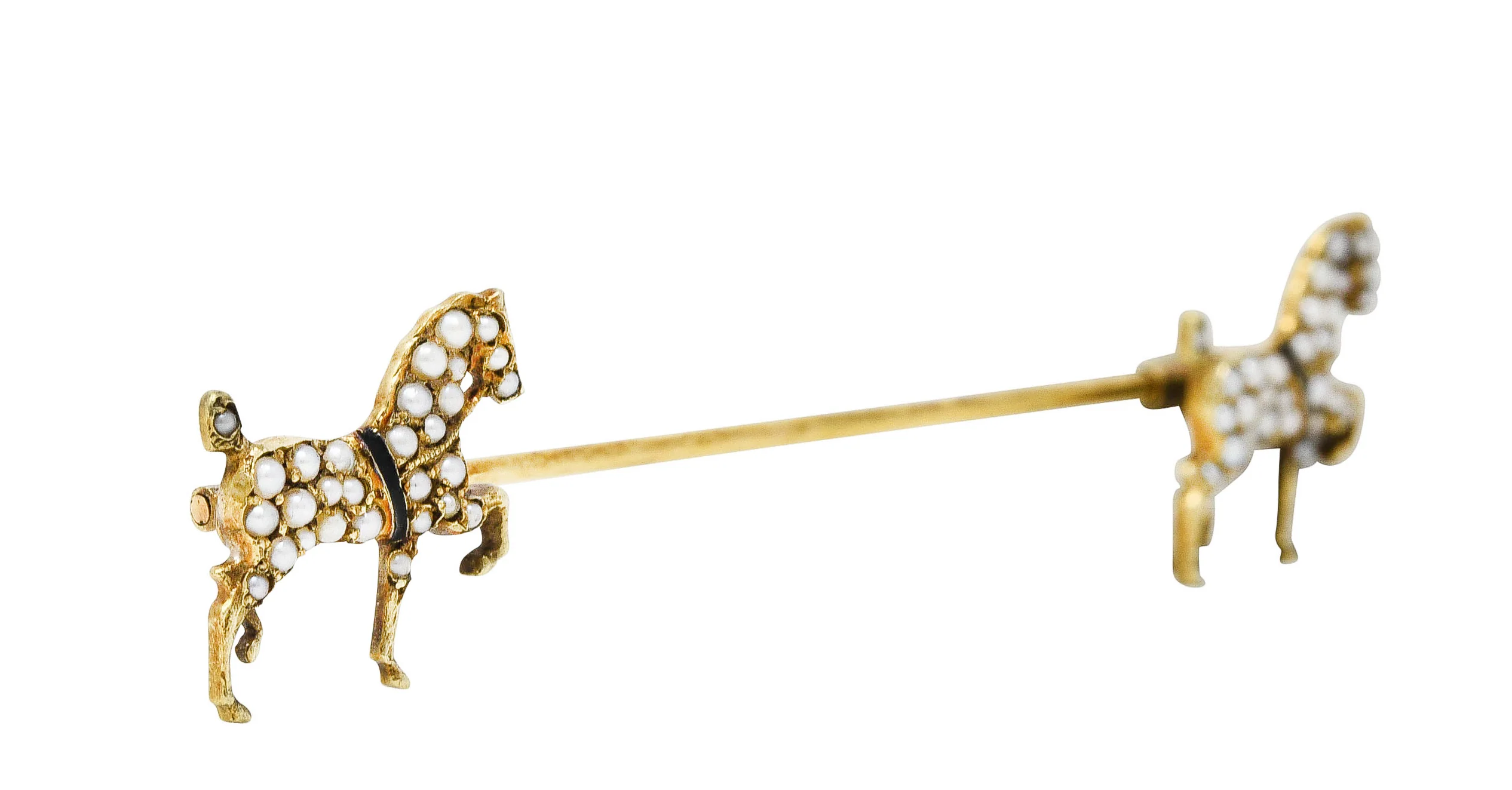 1890's Victorian Seed Pearl Enamel 18 Karat Gold Horse Jabot Brooch - Image 3