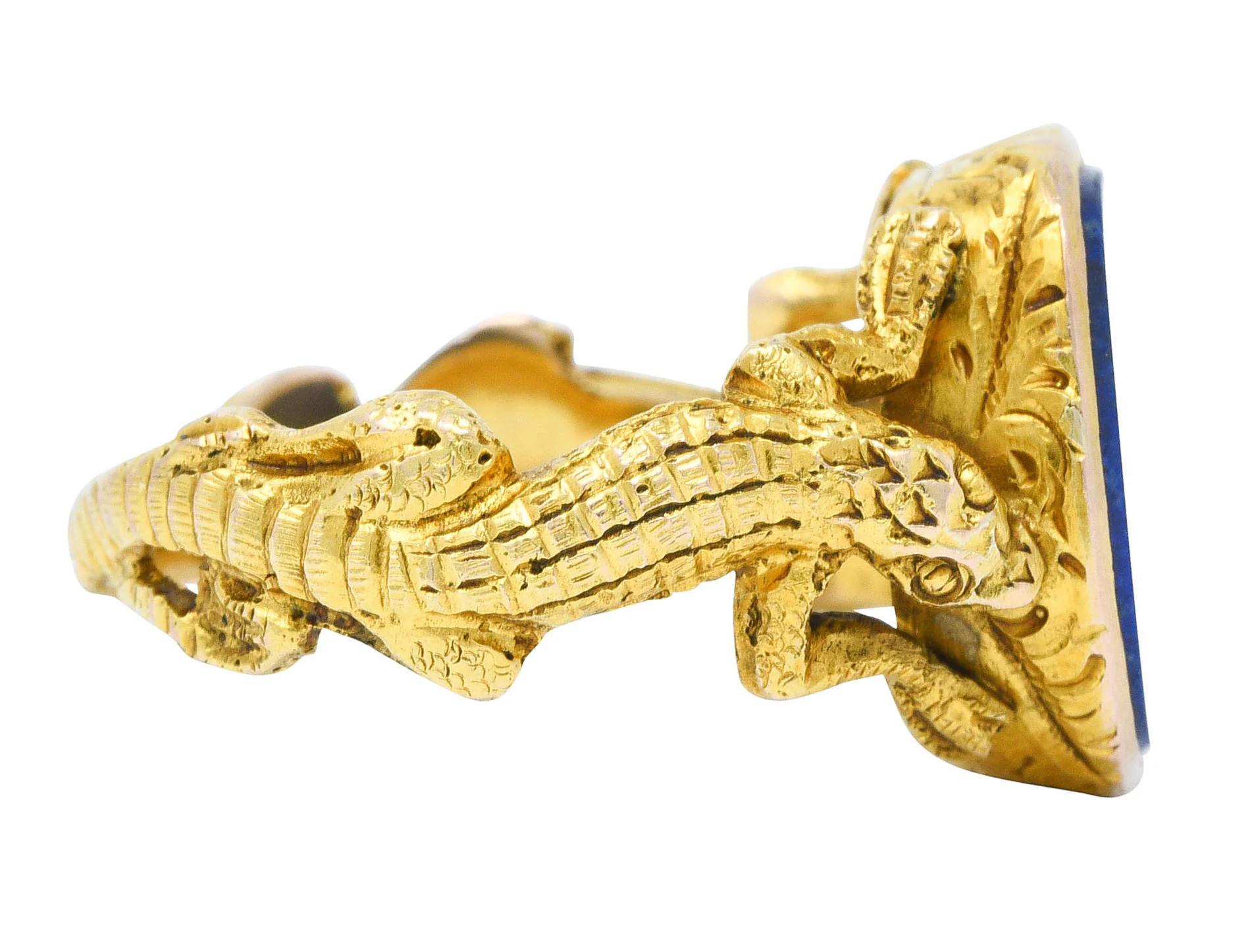 1900 Victorian Lapis Lazuli 14 Karat Gold Lizard Unisex Signet Ring - Image 3