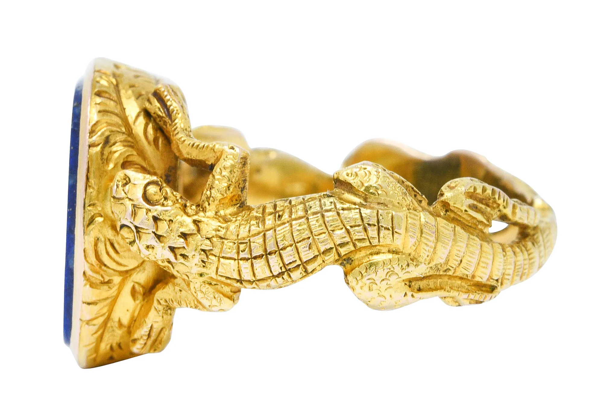 1900 Victorian Lapis Lazuli 14 Karat Gold Lizard Unisex Signet Ring - Image 5