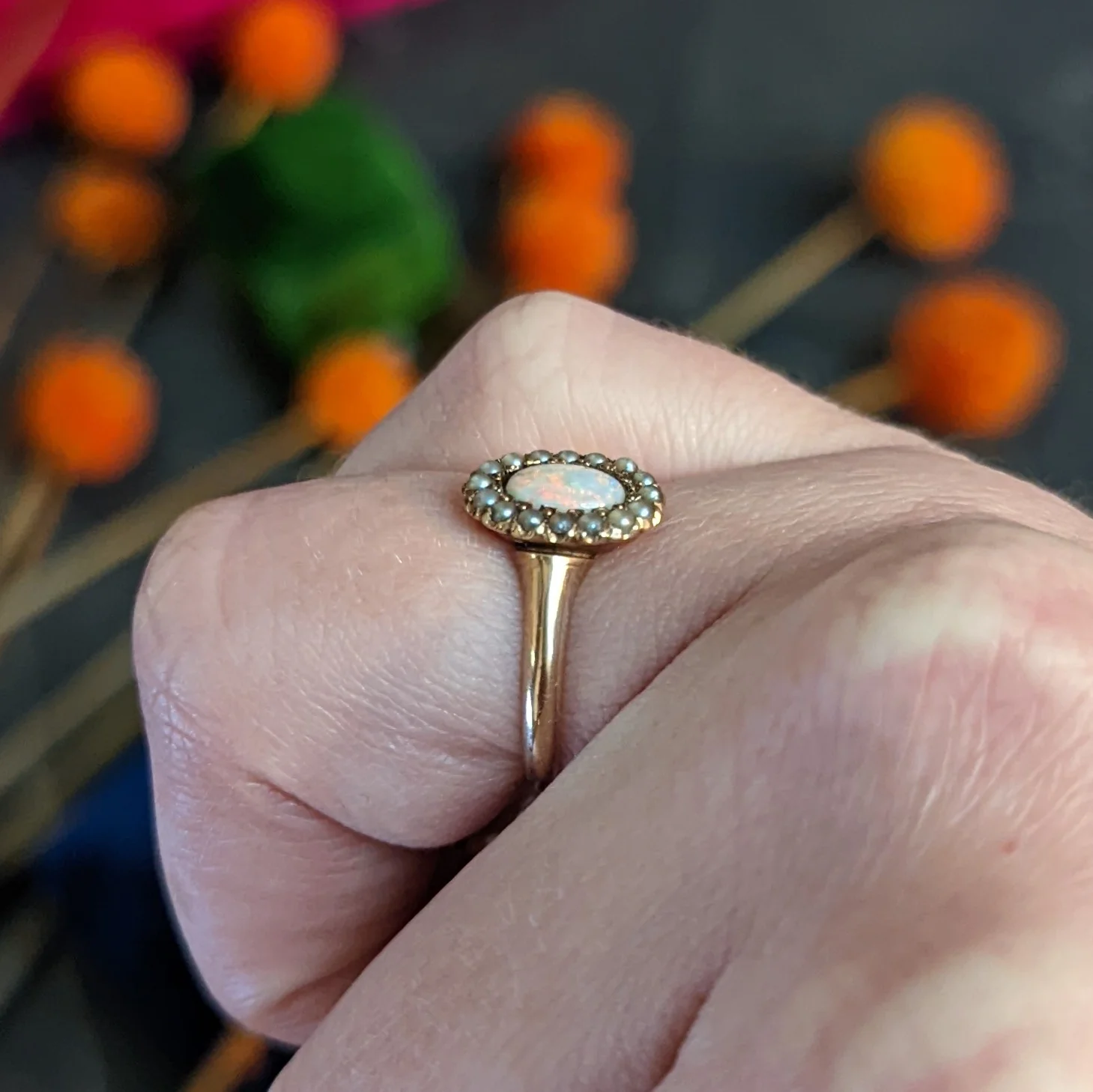 1900 Victorian Opal Seed Pearl 14 Karat Rose Gold Cluster Ring - Image 11