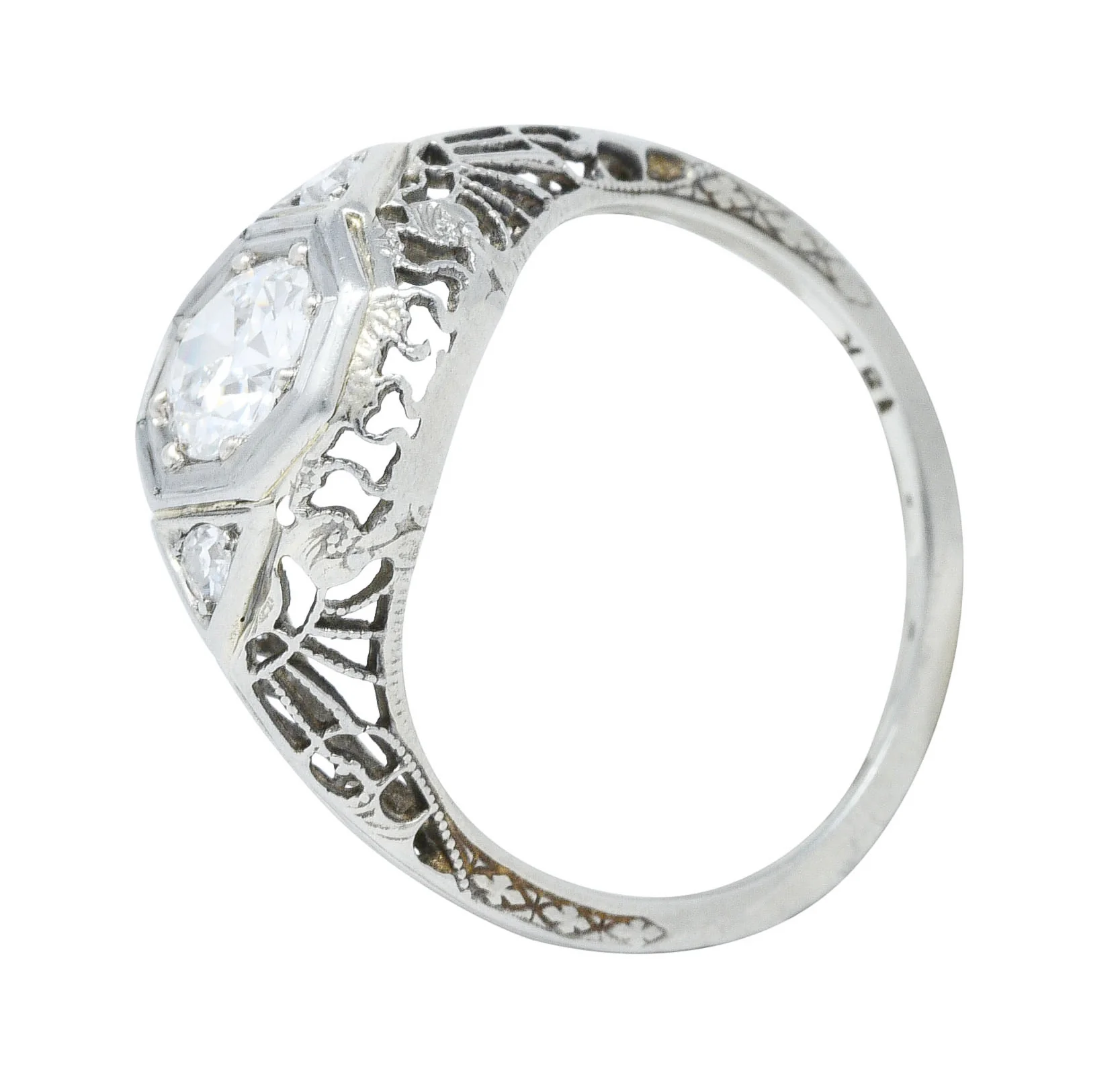 1920's Art Deco 0.57 CTW Diamond 18 Karat White Gold Bombe Engagement Ring - Image 9