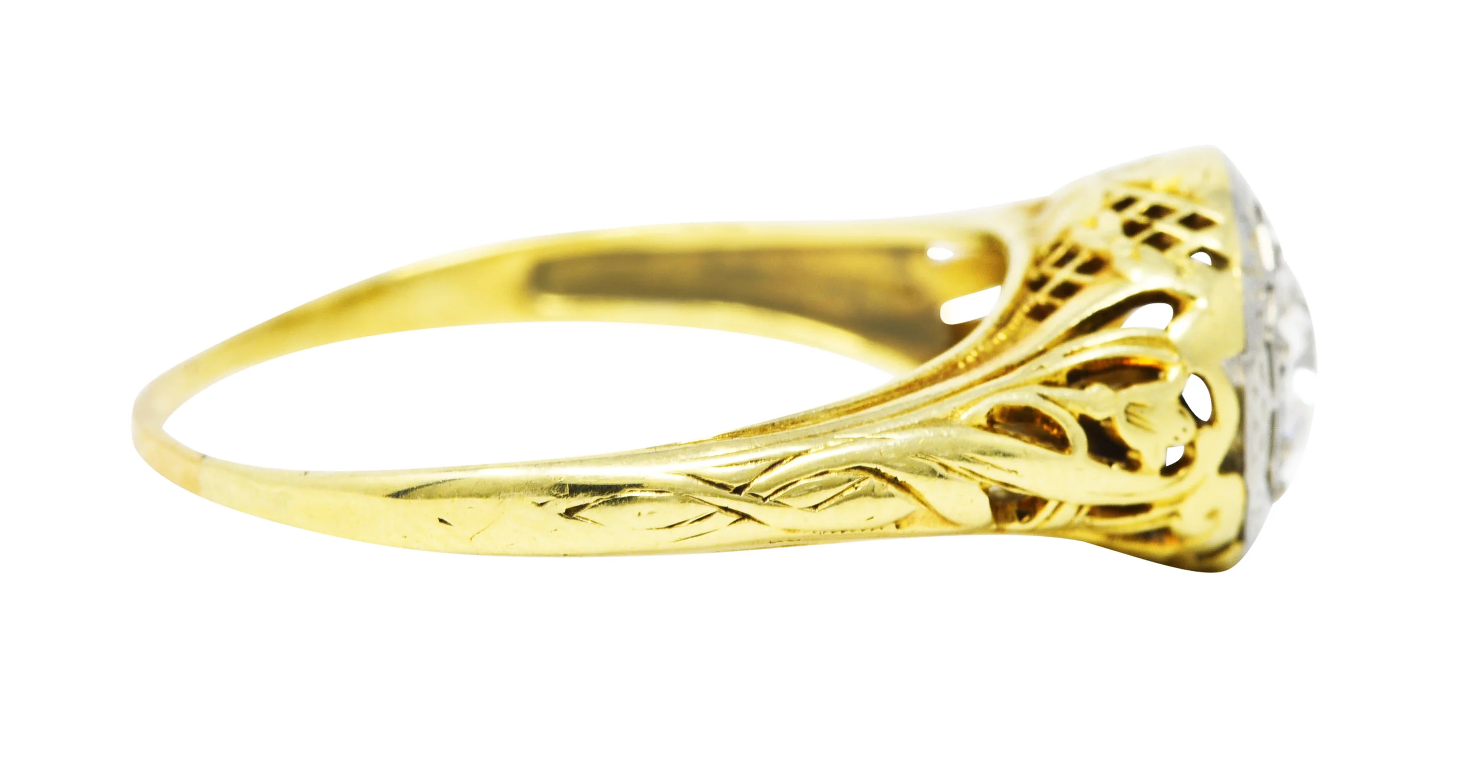 1920's Art Deco 0.71 Old European Diamond 14 Karat Two-Tone Gold Floral Engagement Ring - Image 3