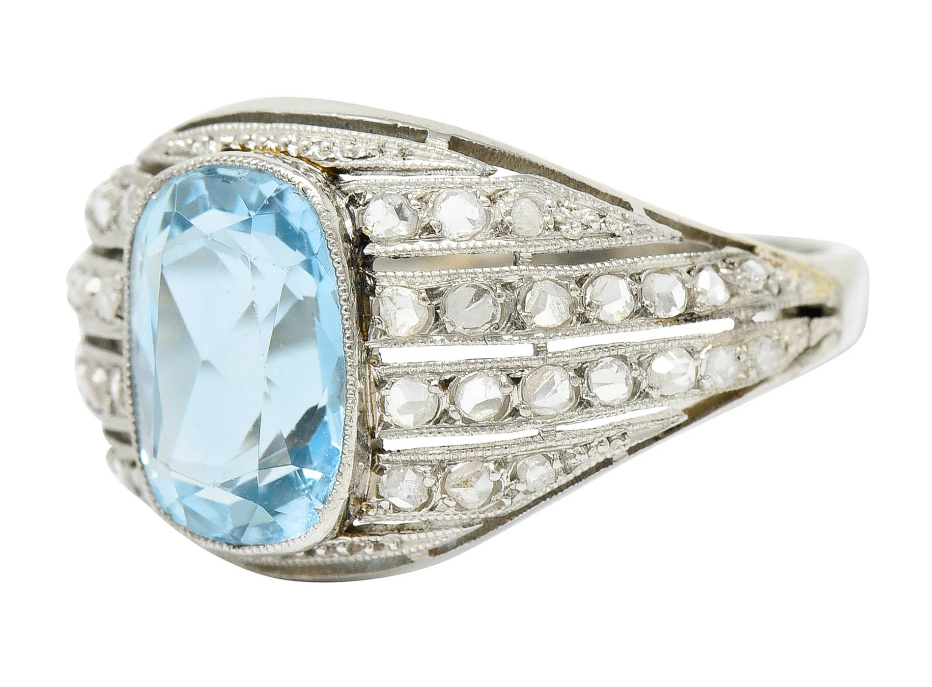 1920's Art Deco Aquamarine Diamond Platinum Bombe Band Ring - Image 5