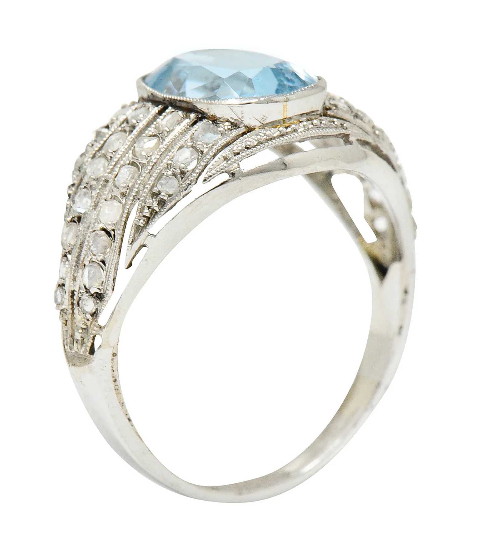 1920's Art Deco Aquamarine Diamond Platinum Bombe Band Ring - Image 8