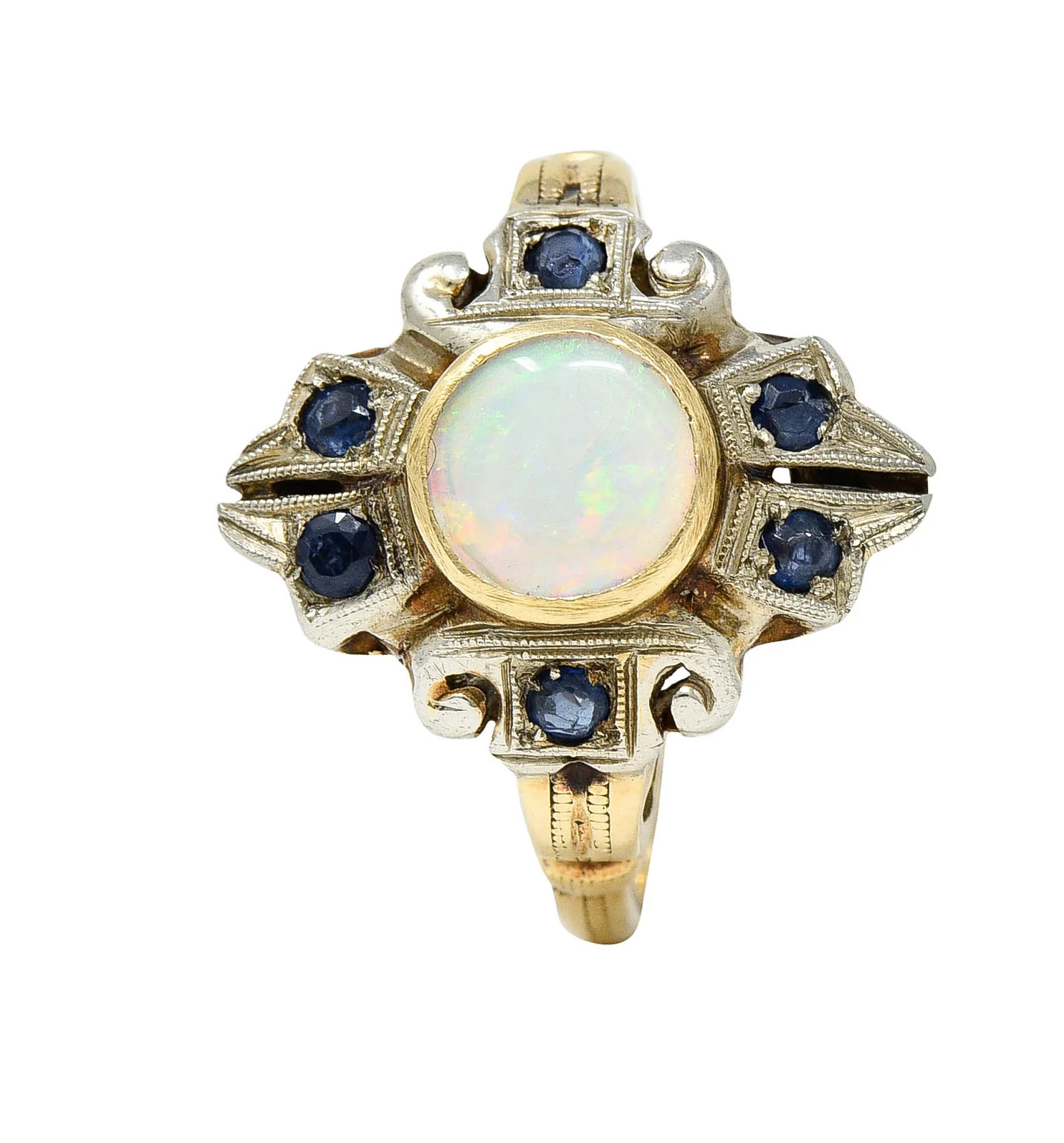 1920's Art Deco Opal Sapphire 10 Karat Two-Tone Gold Cluster Ring - Image 12