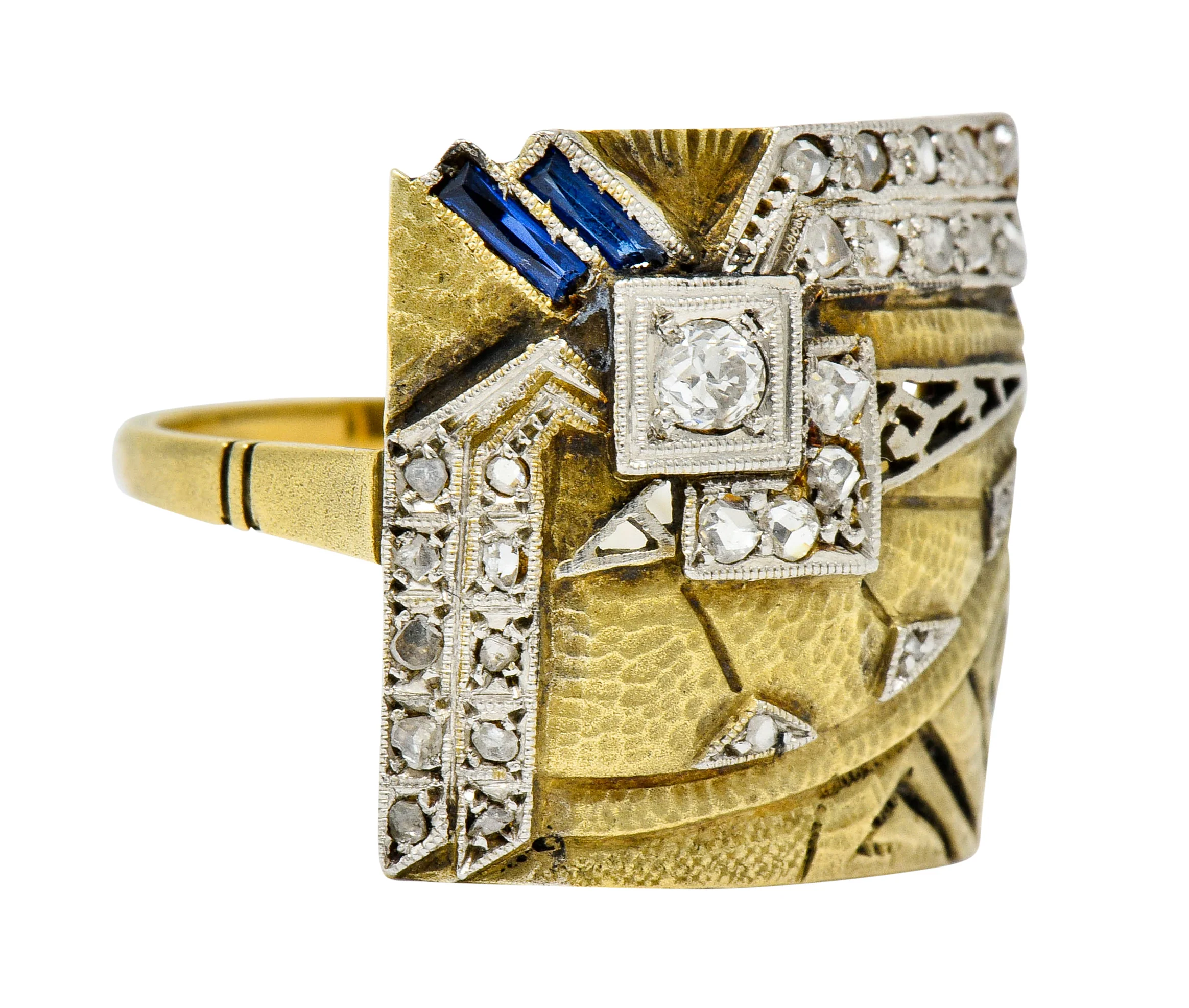 1920's Early Art Deco Diamond Sapphire Platinum-Topped 18 Karat Gold Egyptian Revival Ring - Image 2
