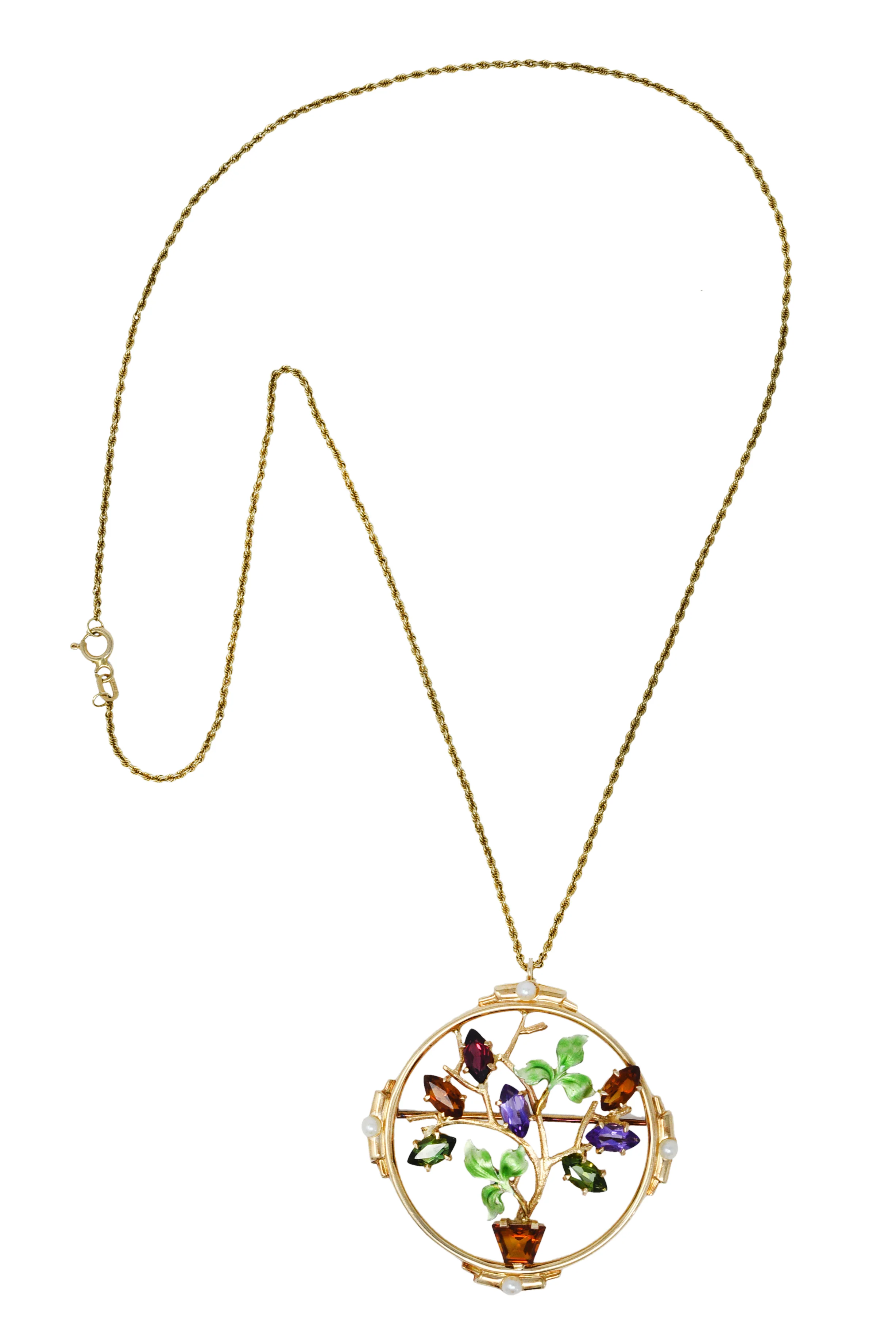 1930's Krementz Enamel Multi-Gem 14 Karat Gold Bouquet Pendant Brooch Necklace - Image 2