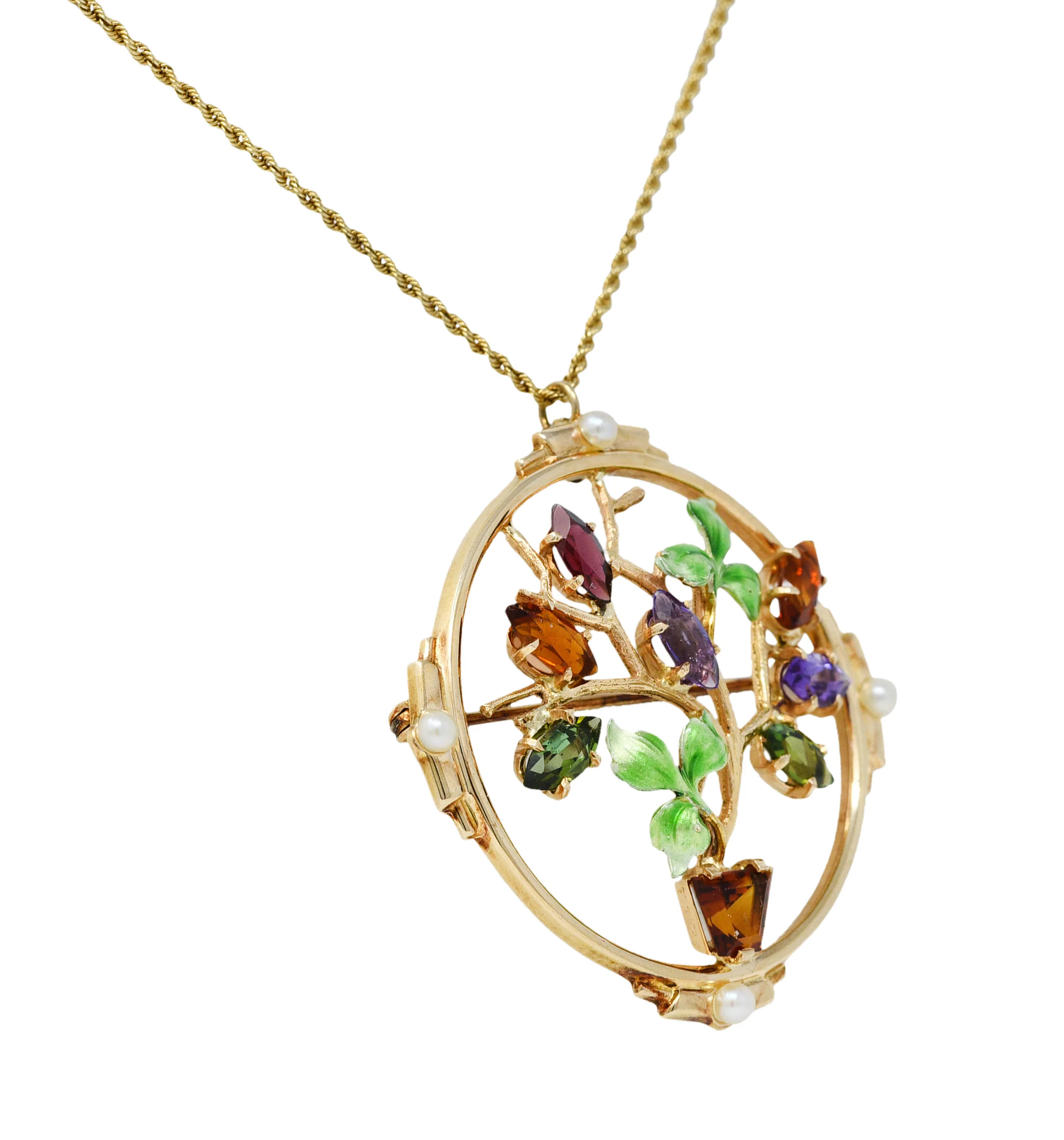 1930's Krementz Enamel Multi-Gem 14 Karat Gold Bouquet Pendant Brooch Necklace - Image 3