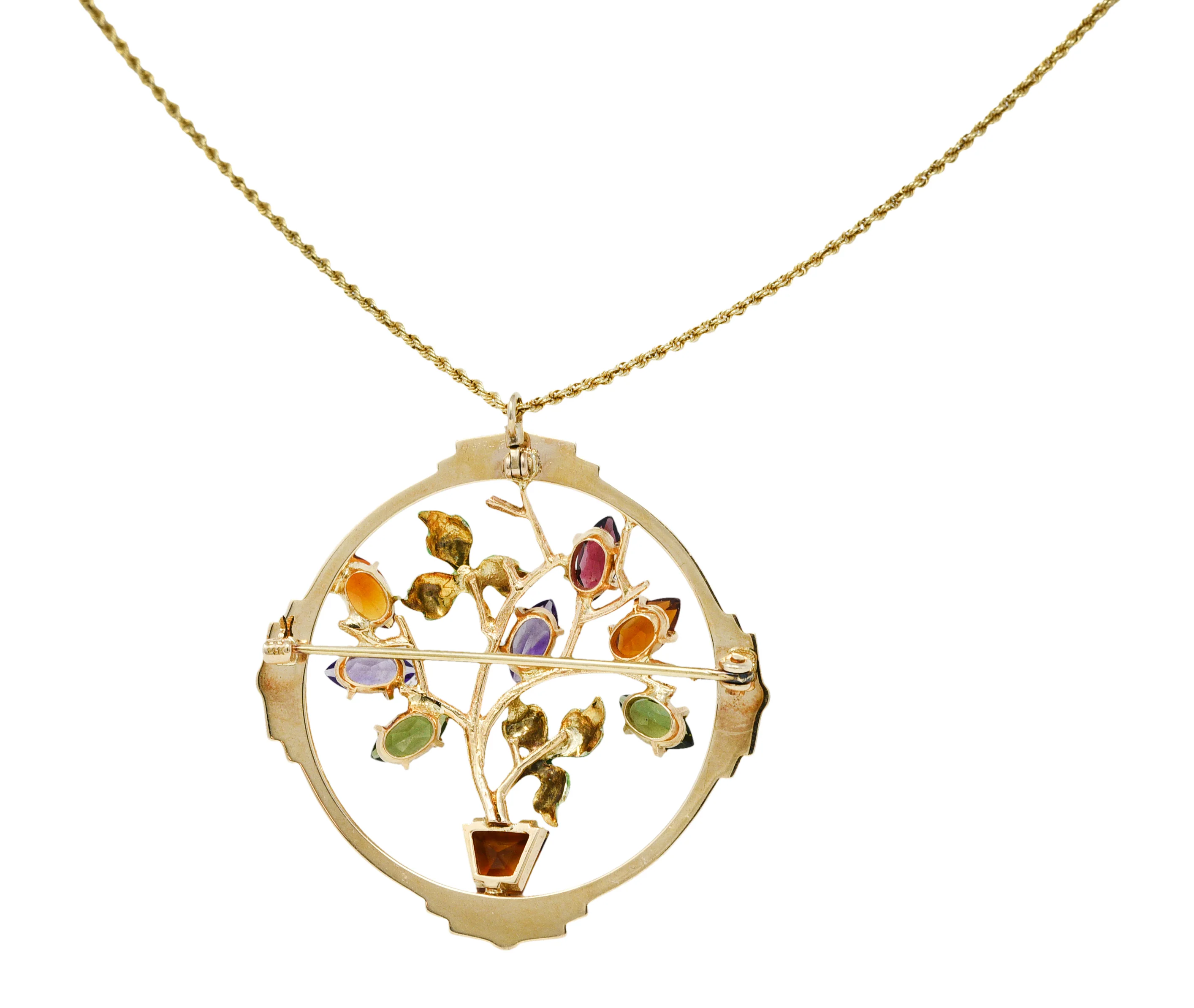1930's Krementz Enamel Multi-Gem 14 Karat Gold Bouquet Pendant Brooch Necklace - Image 4