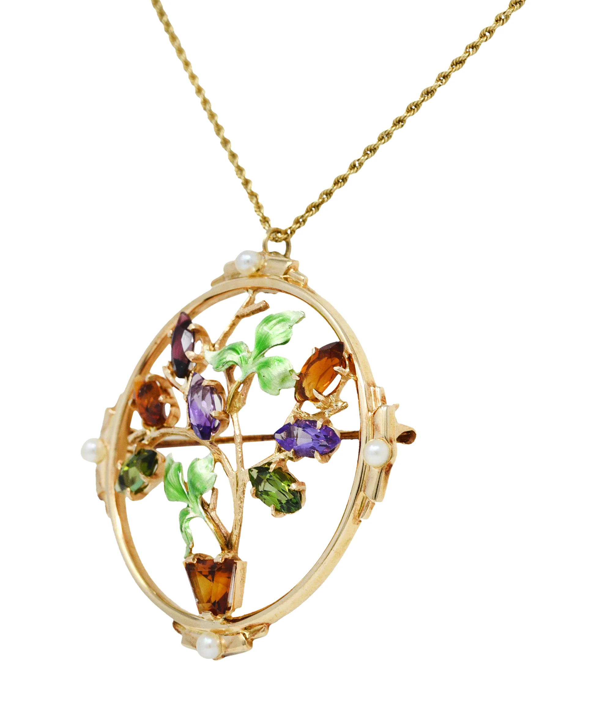 1930's Krementz Enamel Multi-Gem 14 Karat Gold Bouquet Pendant Brooch Necklace - Image 5