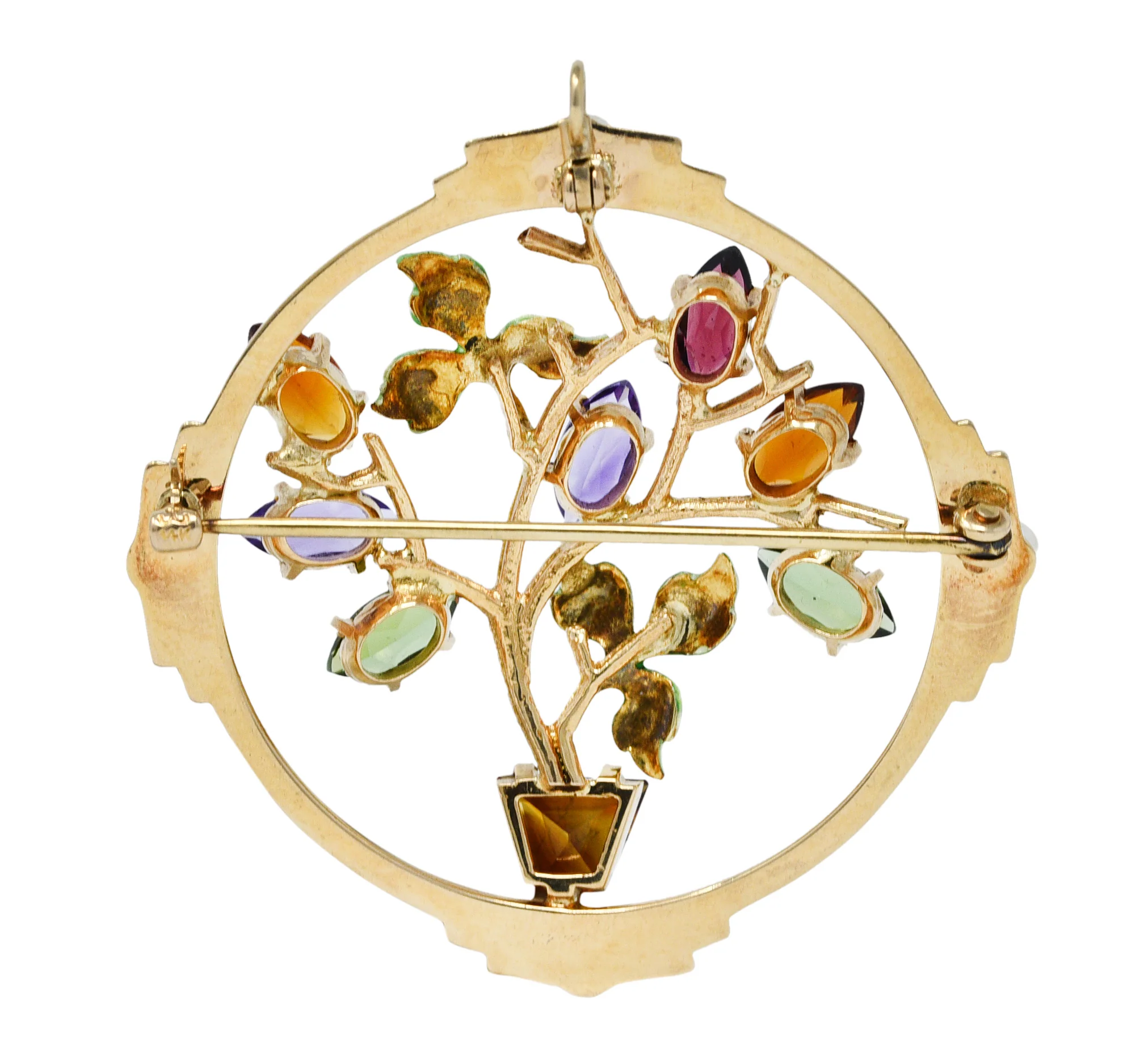 1930's Krementz Enamel Multi-Gem 14 Karat Gold Bouquet Pendant Brooch Necklace - Image 7
