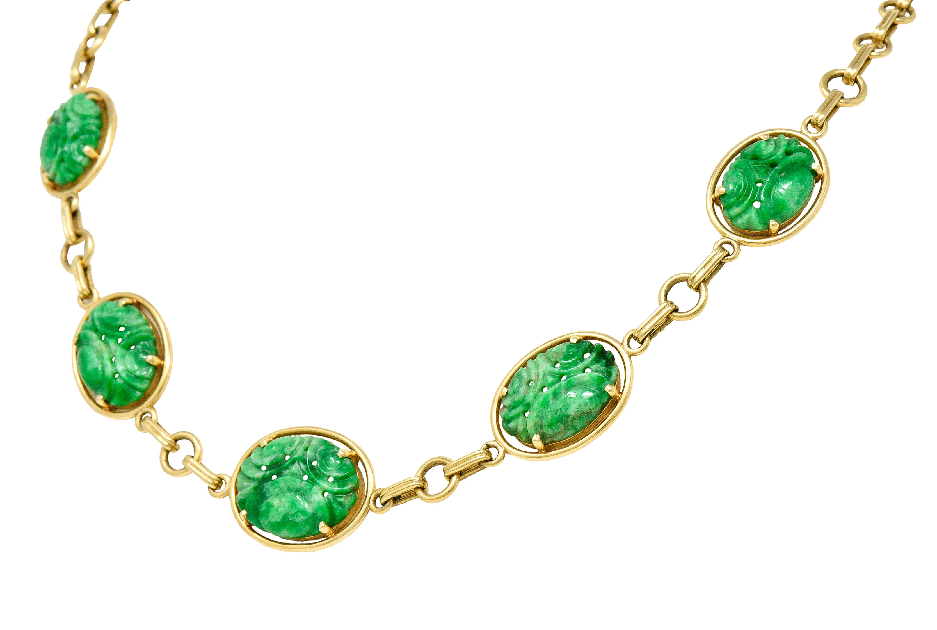 1940's Tiffany & Co. Retro Carved Jade 14 Karat Yellow Gold Linked Chain Necklace - Image 5