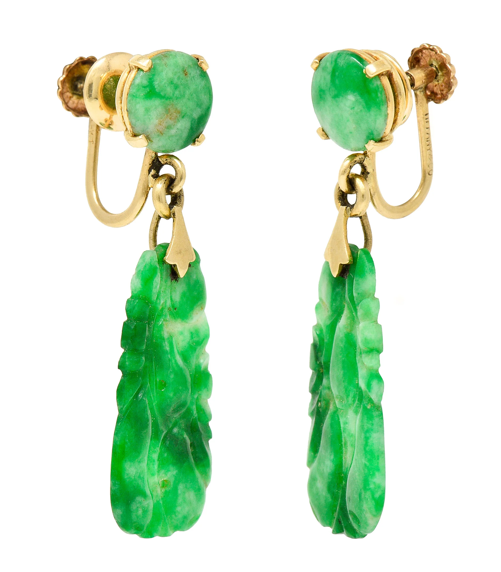 1940's Tiffany & Co. Retro Carved Jade 14 Karat Yellow Gold Screwback Drop Earrings - Image 6