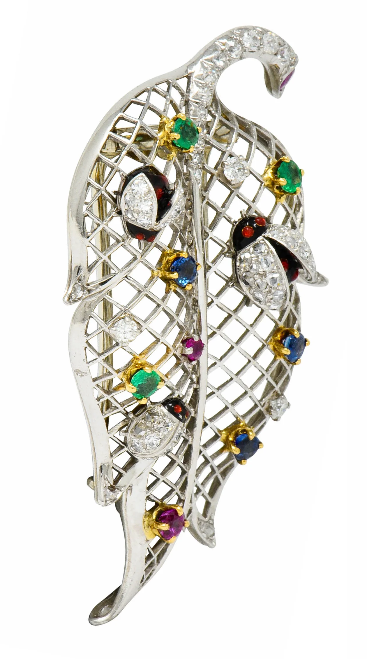1950's Diamond Sapphire Ruby Emerald Platinum Ladybug Leaf Brooch - Image 3