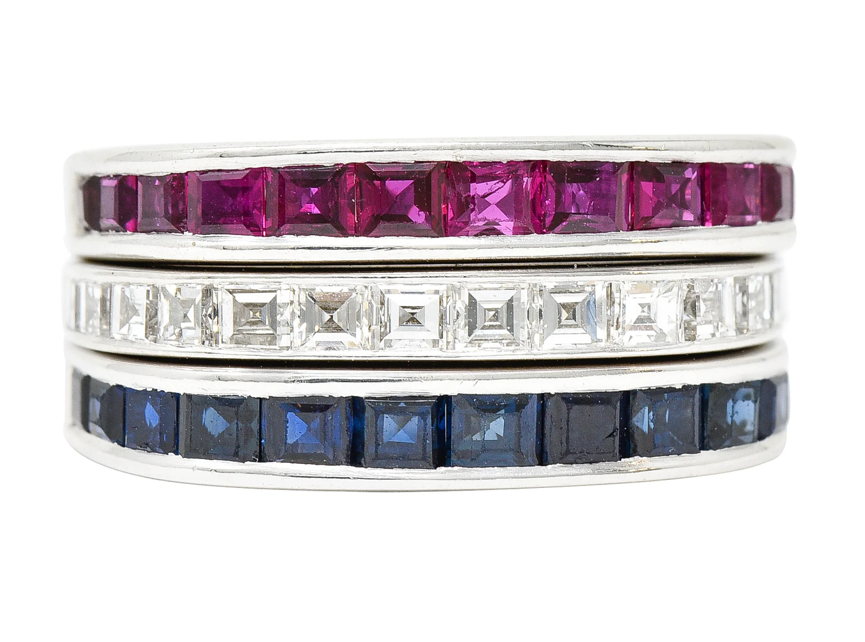1950's Mid-Century 2.80 CTW Sapphire Ruby Diamond 18 Karat White Gold Three Channel Band Vintage Rings - Image 2