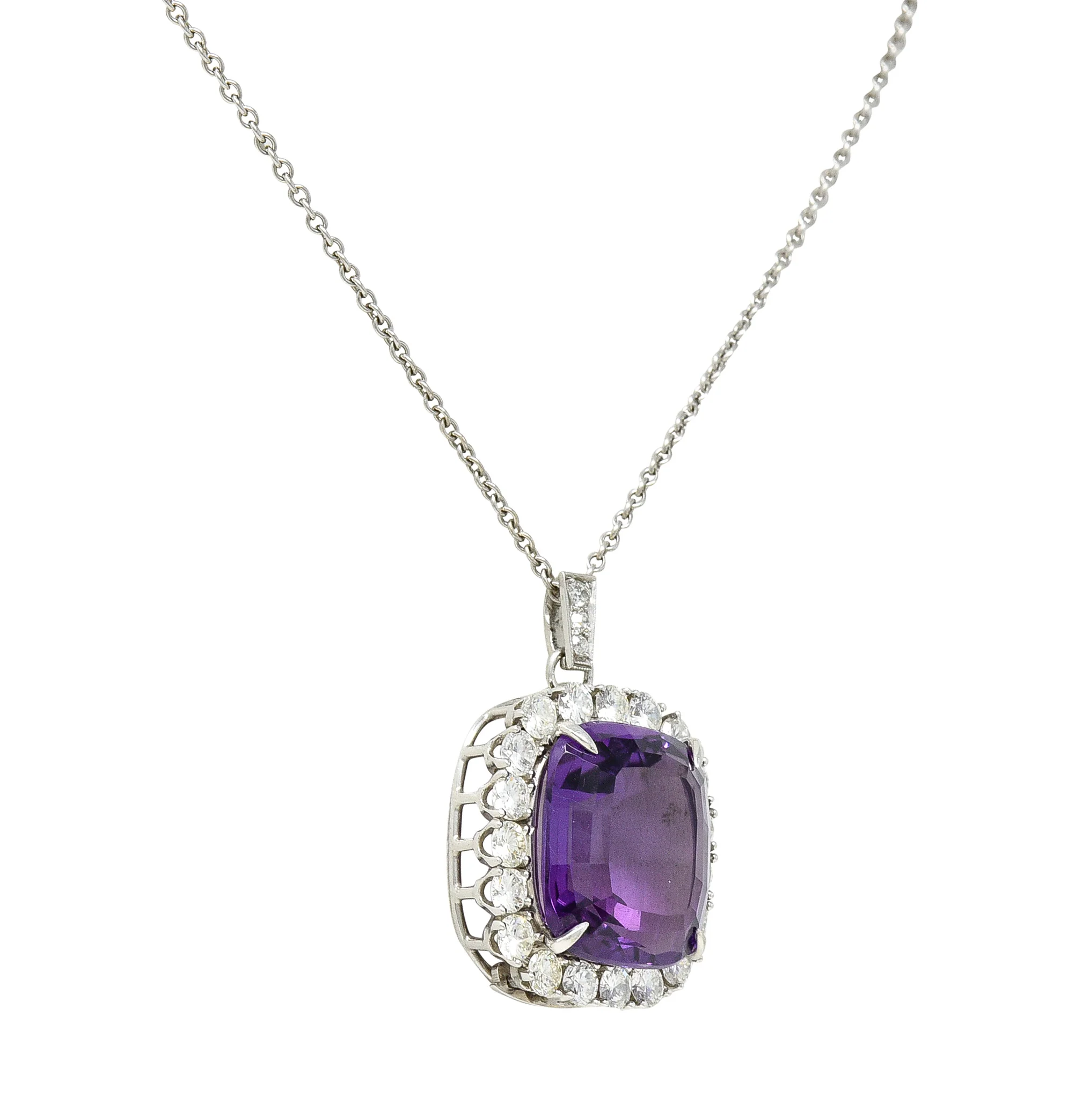 1950's Mid-Century Amethyst Diamond Platinum Cluster Enhancer Pendant Brooch Necklace - Image 6