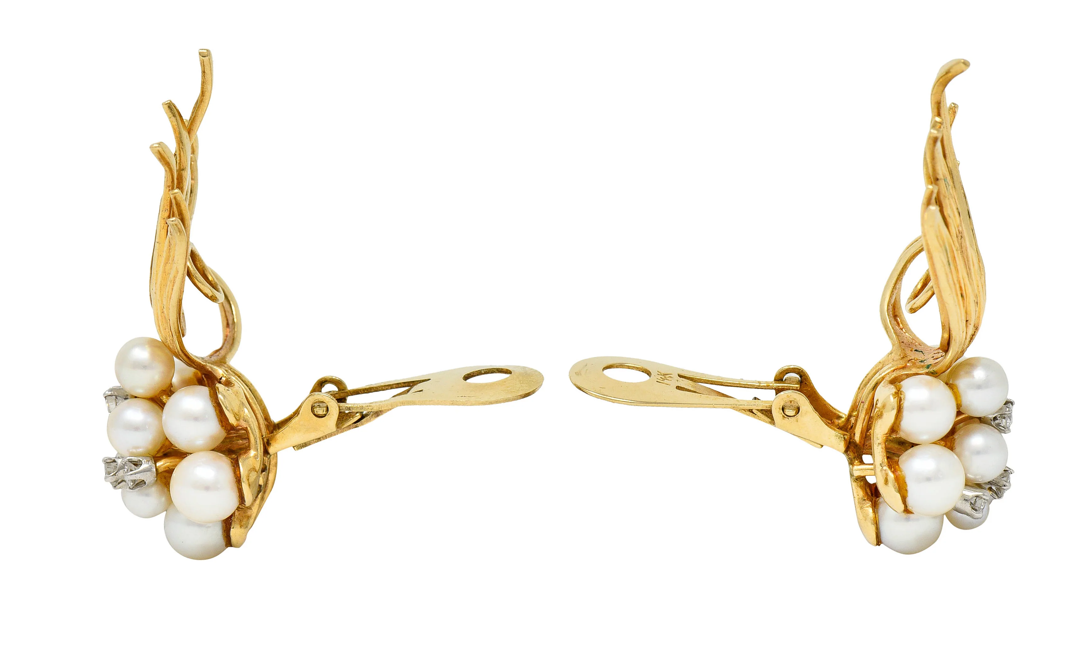 1950's Mid-Century Pearl Diamond 14 Karat Gold Cluster Ear-Clip Earrings - Image 3
