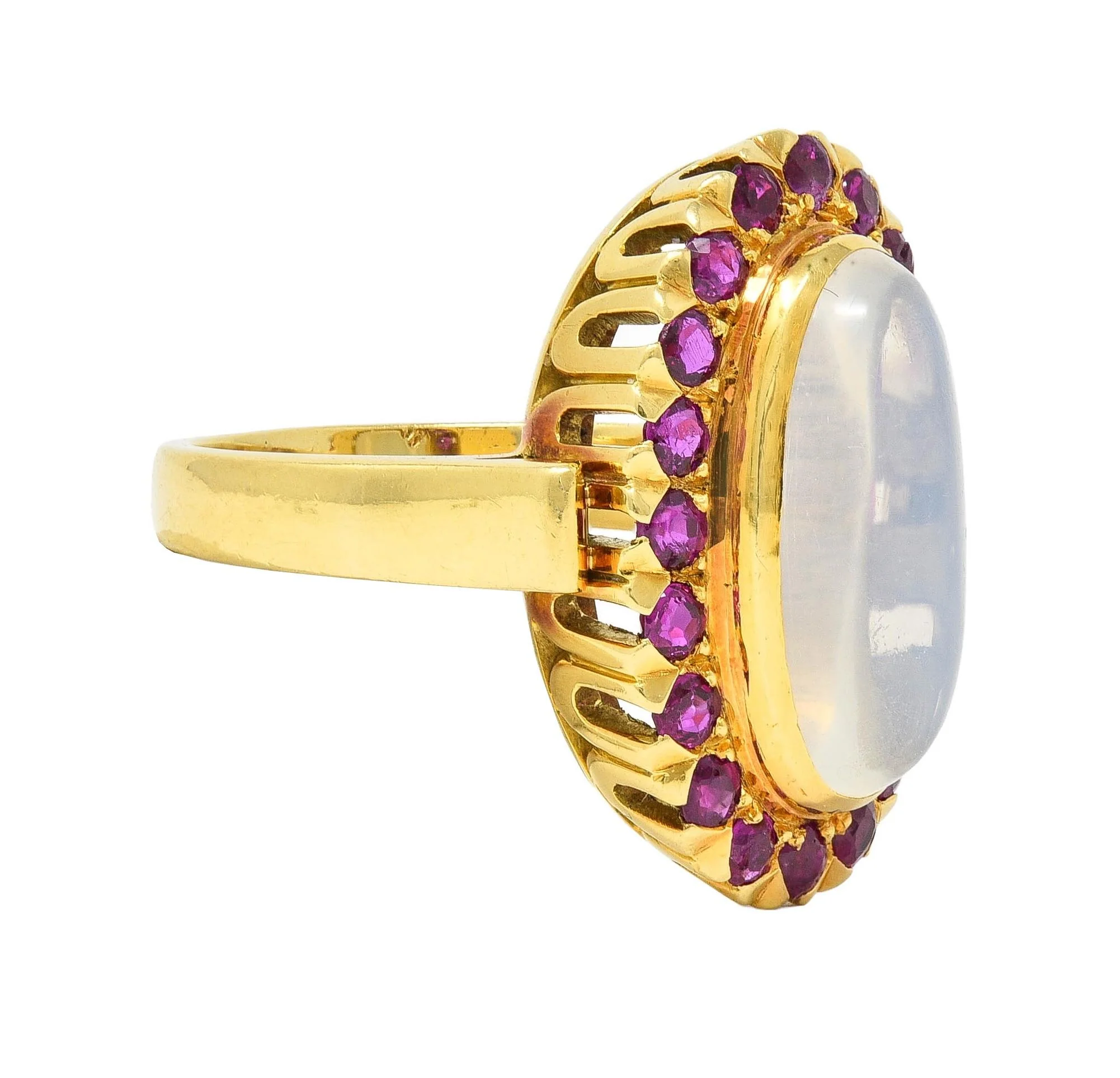 1960s 1.60 CTW Ruby Moonstone 18 Karat Yellow Gold Vintage Halo Ring - Image 2