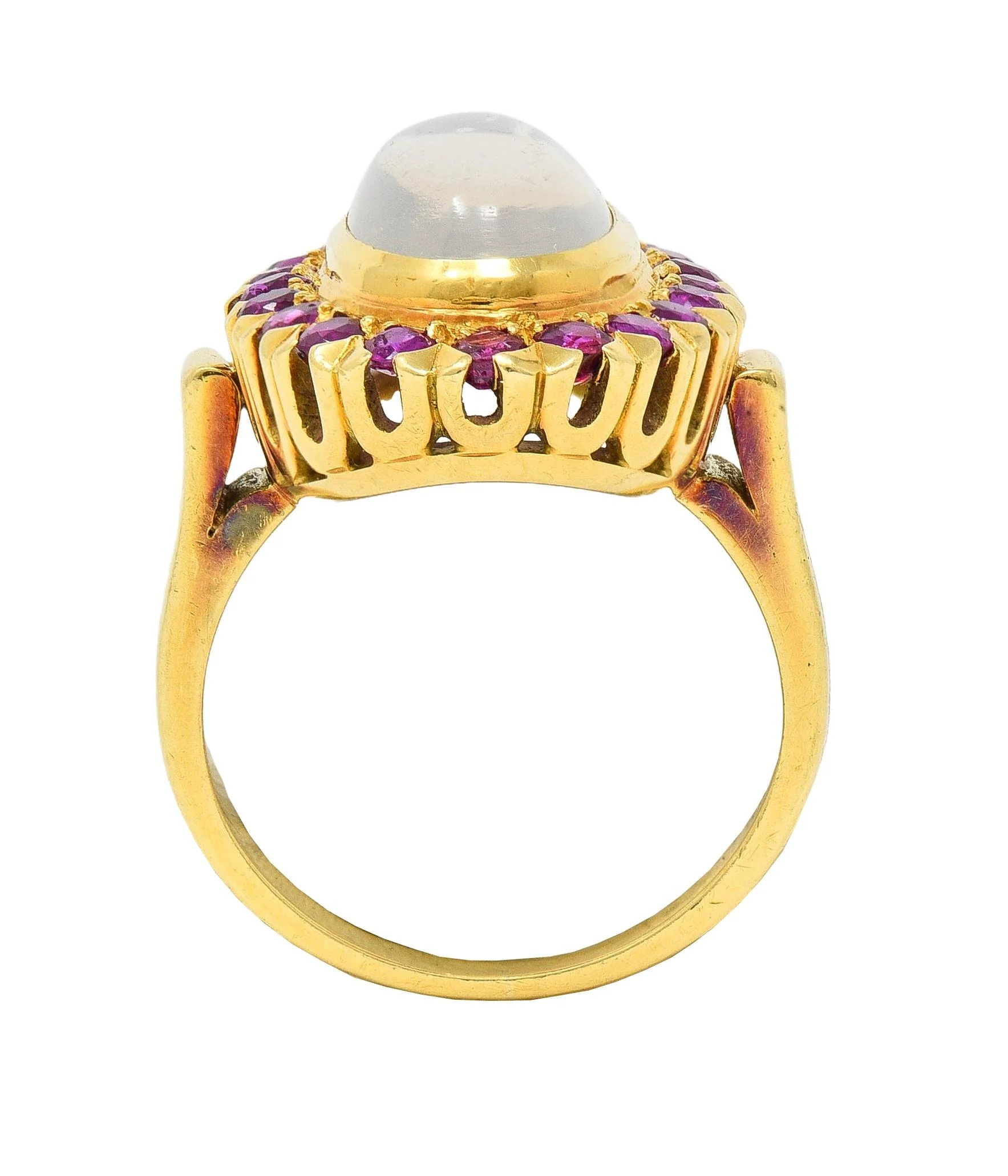 1960s 1.60 CTW Ruby Moonstone 18 Karat Yellow Gold Vintage Halo Ring - Image 9