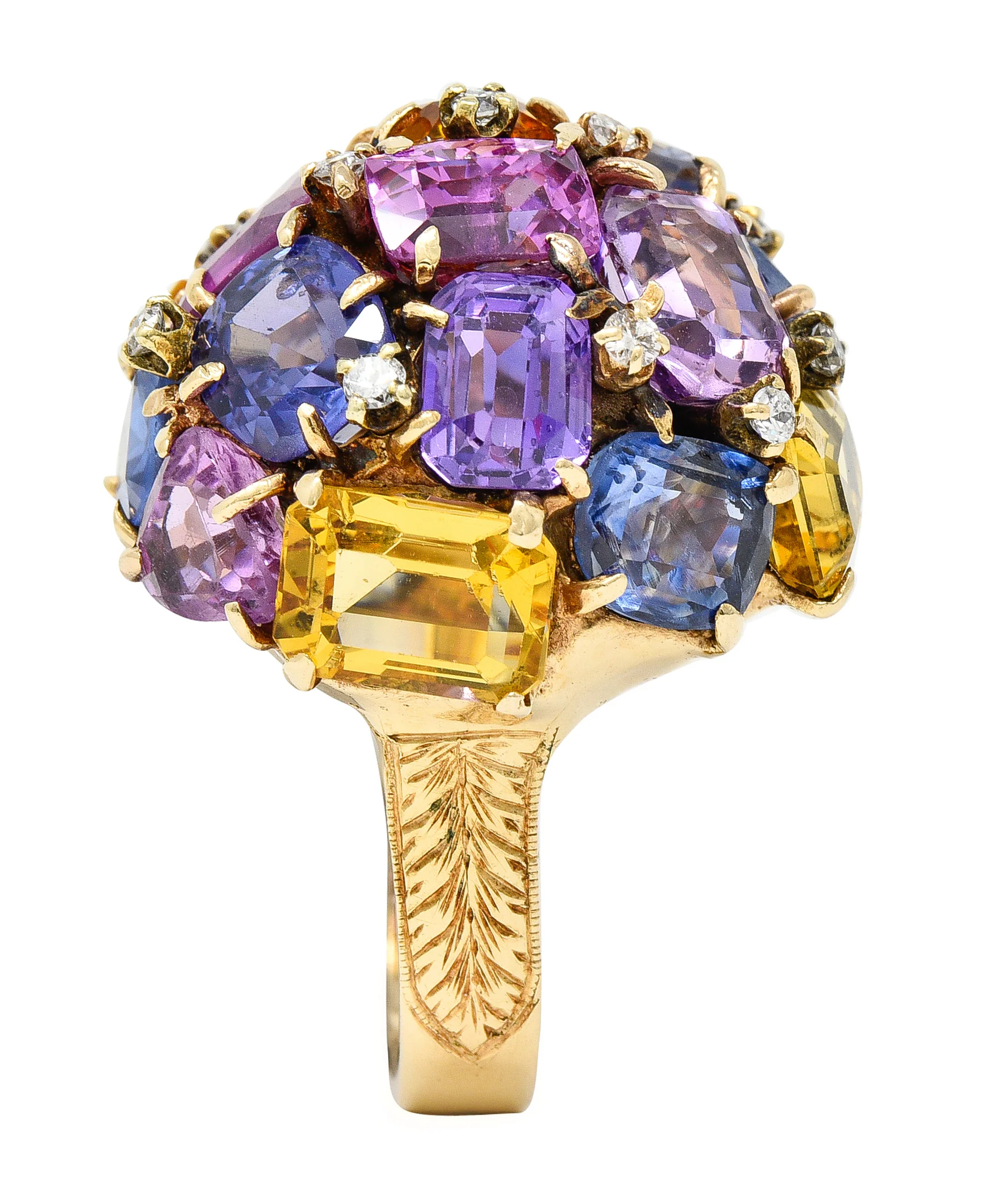1960s 30.86 CTW Sapphire Heliodor Diamond 14 Karat Yellow Gold Dome Cluster Vintage Ring - Image 10