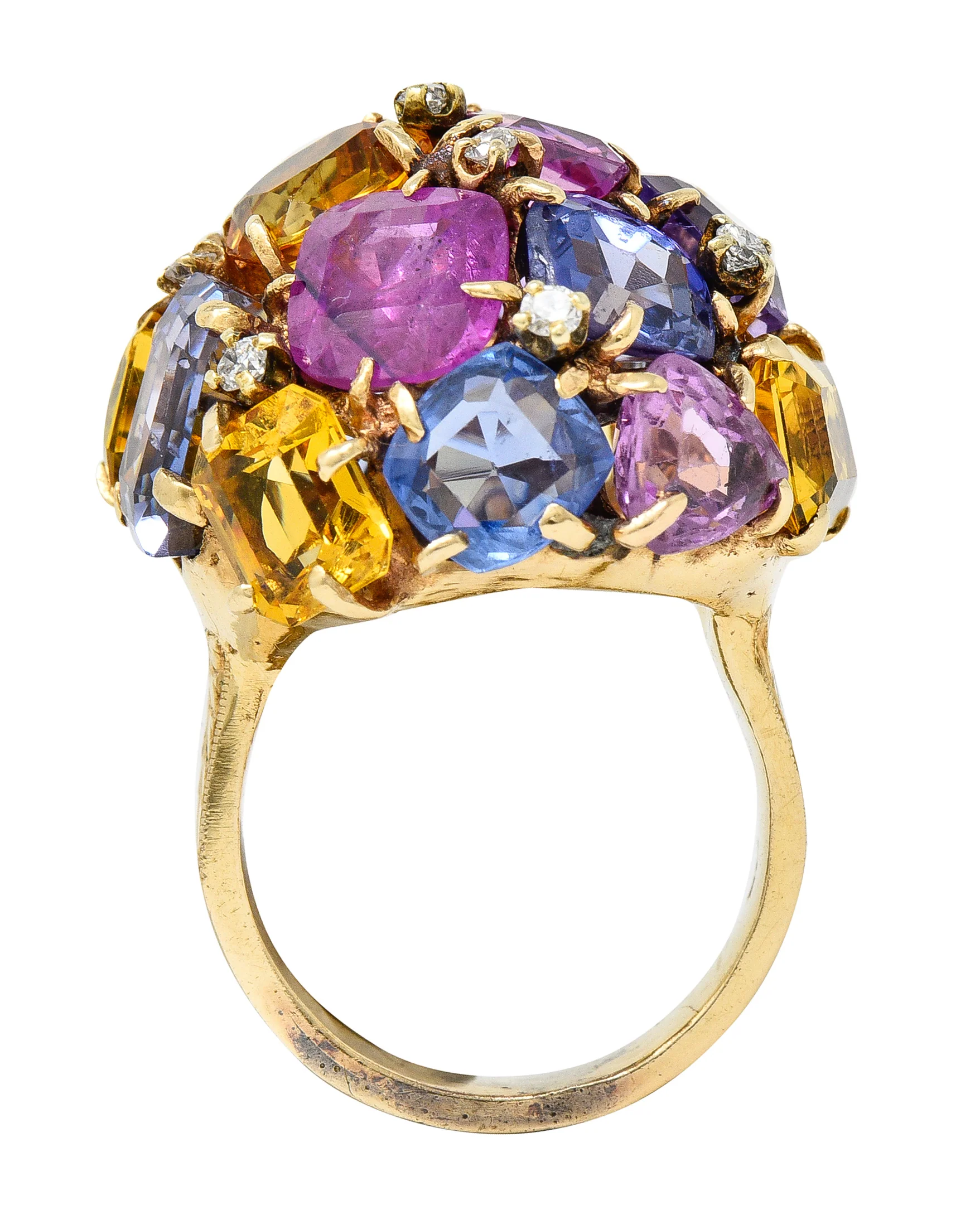 1960s 30.86 CTW Sapphire Heliodor Diamond 14 Karat Yellow Gold Dome Cluster Vintage Ring - Image 11