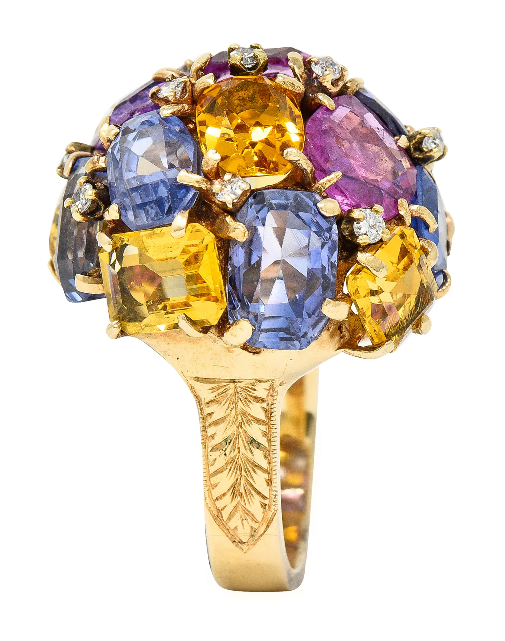1960s 30.86 CTW Sapphire Heliodor Diamond 14 Karat Yellow Gold Dome Cluster Vintage Ring - Image 12