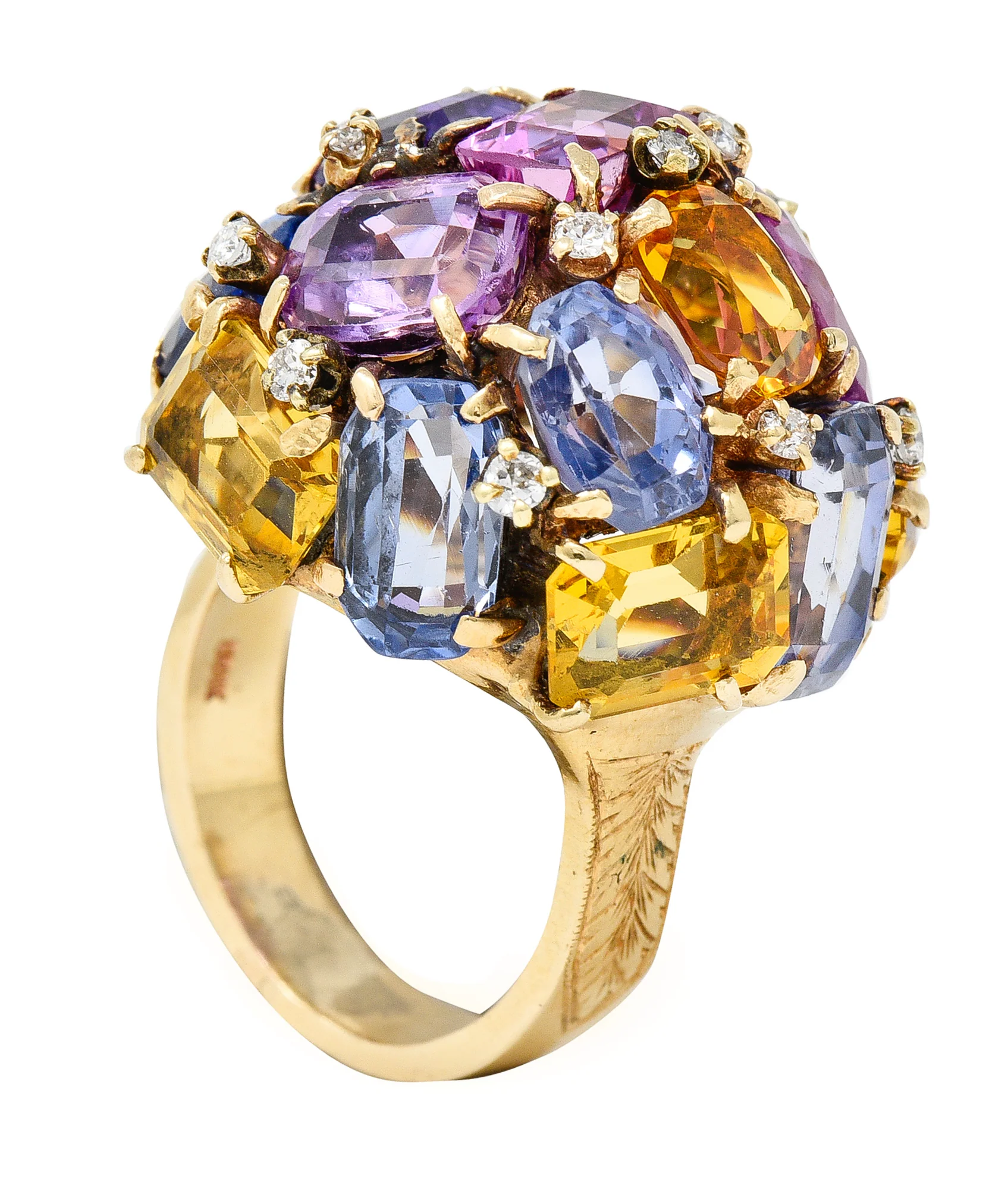 1960s 30.86 CTW Sapphire Heliodor Diamond 14 Karat Yellow Gold Dome Cluster Vintage Ring - Image 13