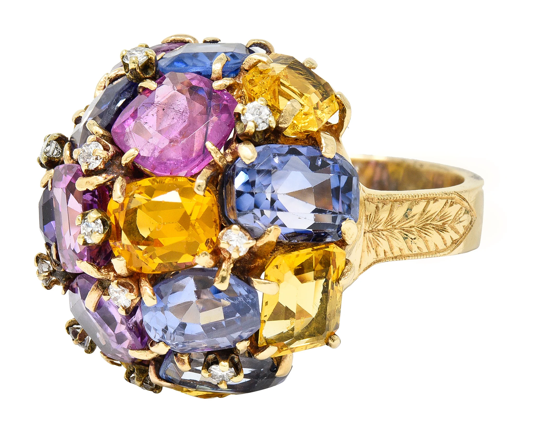 1960s 30.86 CTW Sapphire Heliodor Diamond 14 Karat Yellow Gold Dome Cluster Vintage Ring - Image 6
