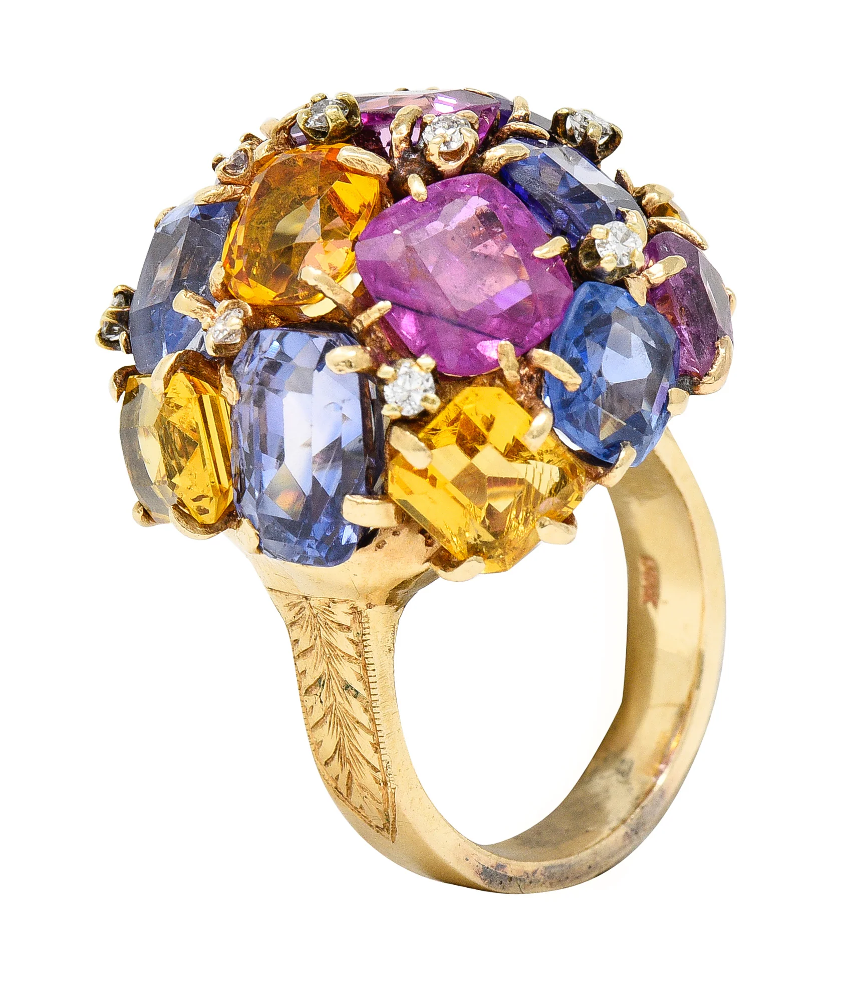 1960s 30.86 CTW Sapphire Heliodor Diamond 14 Karat Yellow Gold Dome Cluster Vintage Ring - Image 8