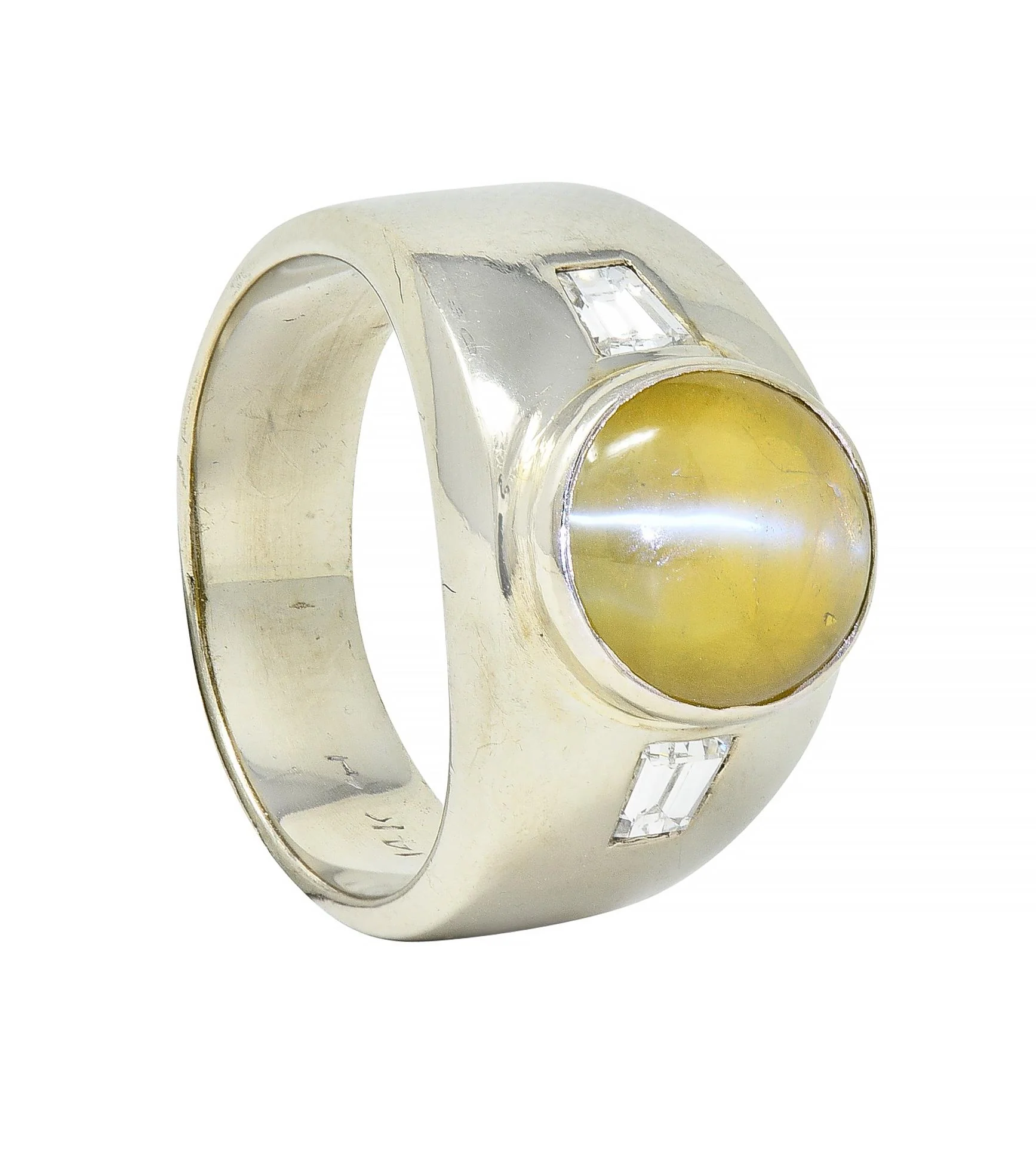 1960's Cat's Eye Chrysoberyl Diamond 14 Karat White Gold Three Stone Ring - Image 12