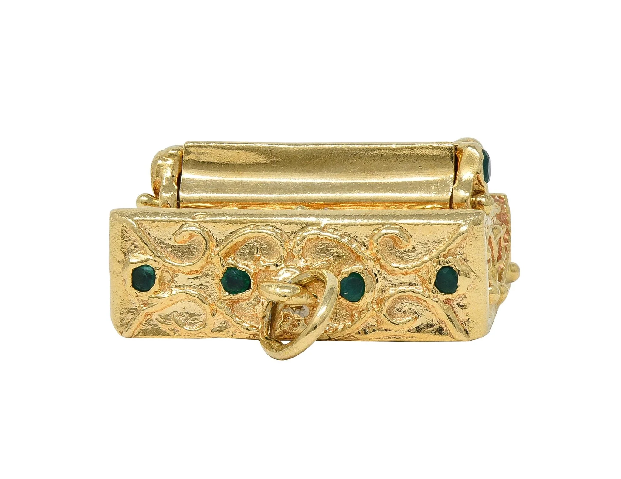 1960's Chrysoprase 14 Karat Yellow Gold Vintage Filigree Piano Pendant Charm - Image 10