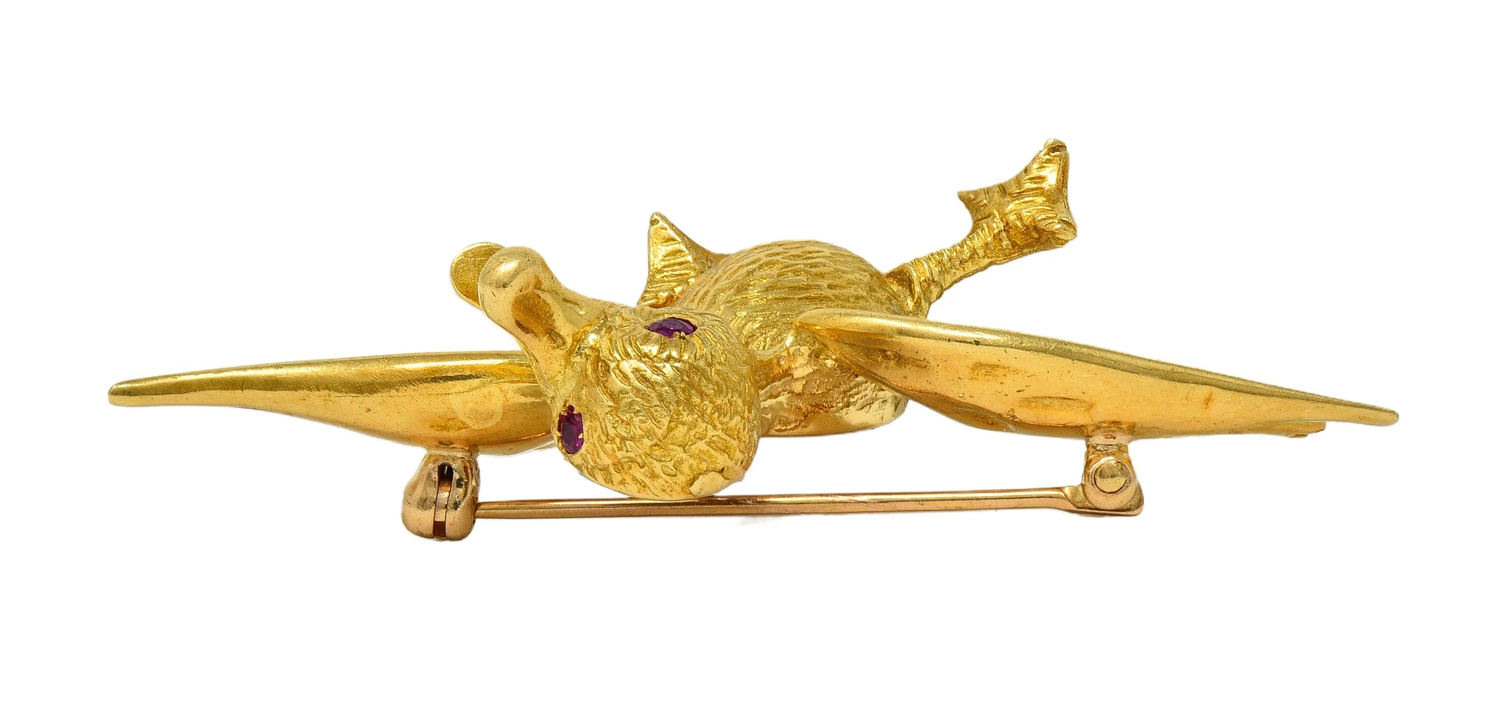 1960's Ruby 18 Karat Yellow Gold Vintage Duck Whimsical Bird Brooch - Image 9