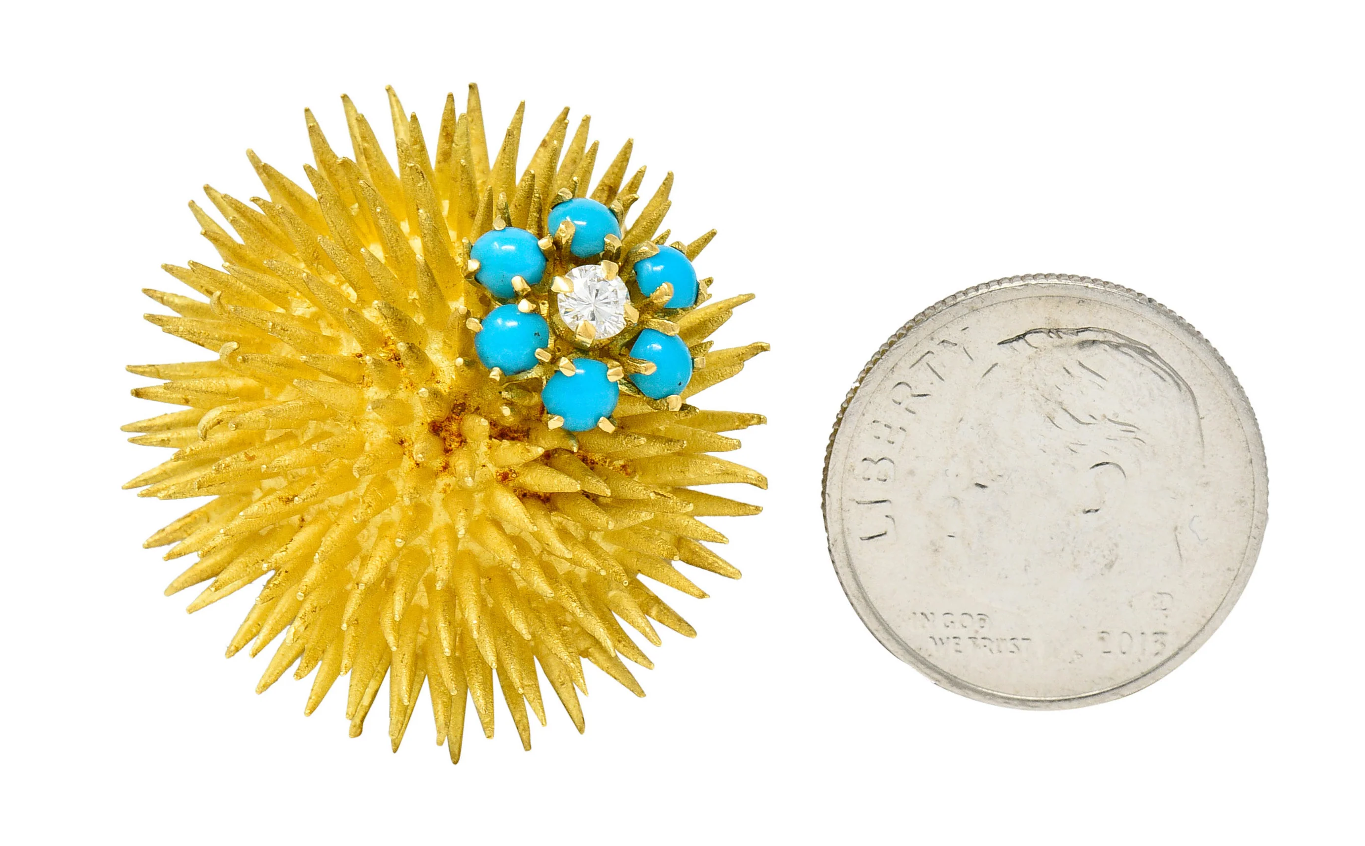 1960's Tiffany & Co. Diamond Turquoise 18 Karat Gold Sea Urchin Brooch - Image 11