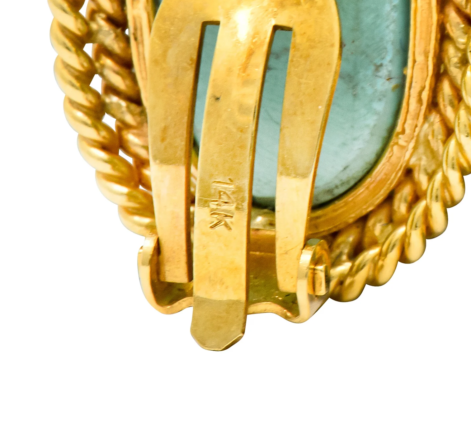 1960's Turquoise Cabochon 14 Karat Gold Earrings Twisted Rope Earrings - Image 6