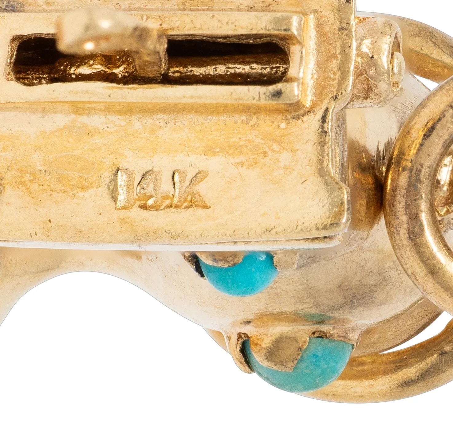 1960's Turquoise Topaz 14 Karat Yellow Gold Antique Sewing Machine Pendant Charm - Image 6