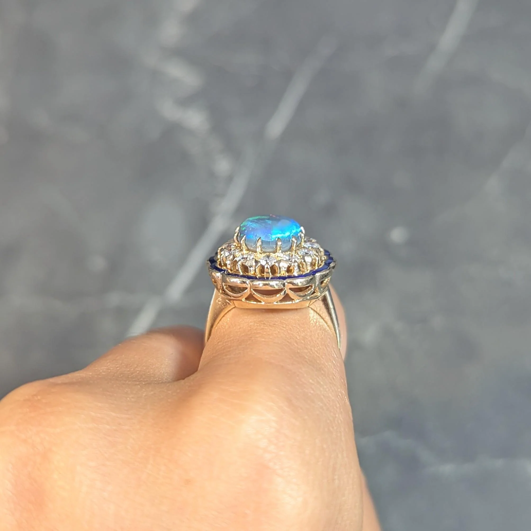 1960's Victorian Revival Black Opal Diamond Enamel 14 Karat Yellow Gold Vintage Halo Ring - Image 15