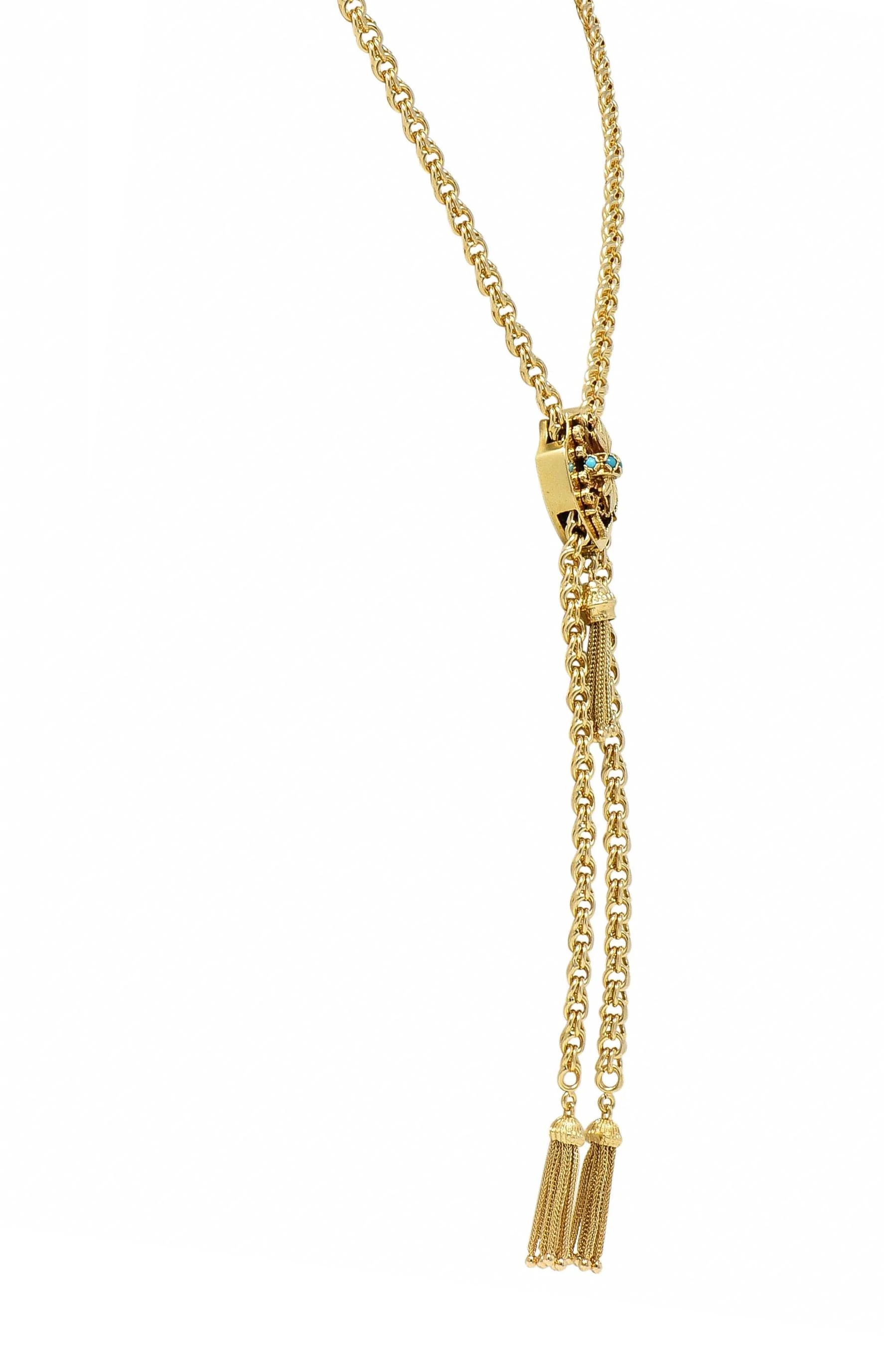 1970's Turquoise 14 Karat Yellow Gold Vintage Foliate Tassel Slide Cain Necklace - Image 8