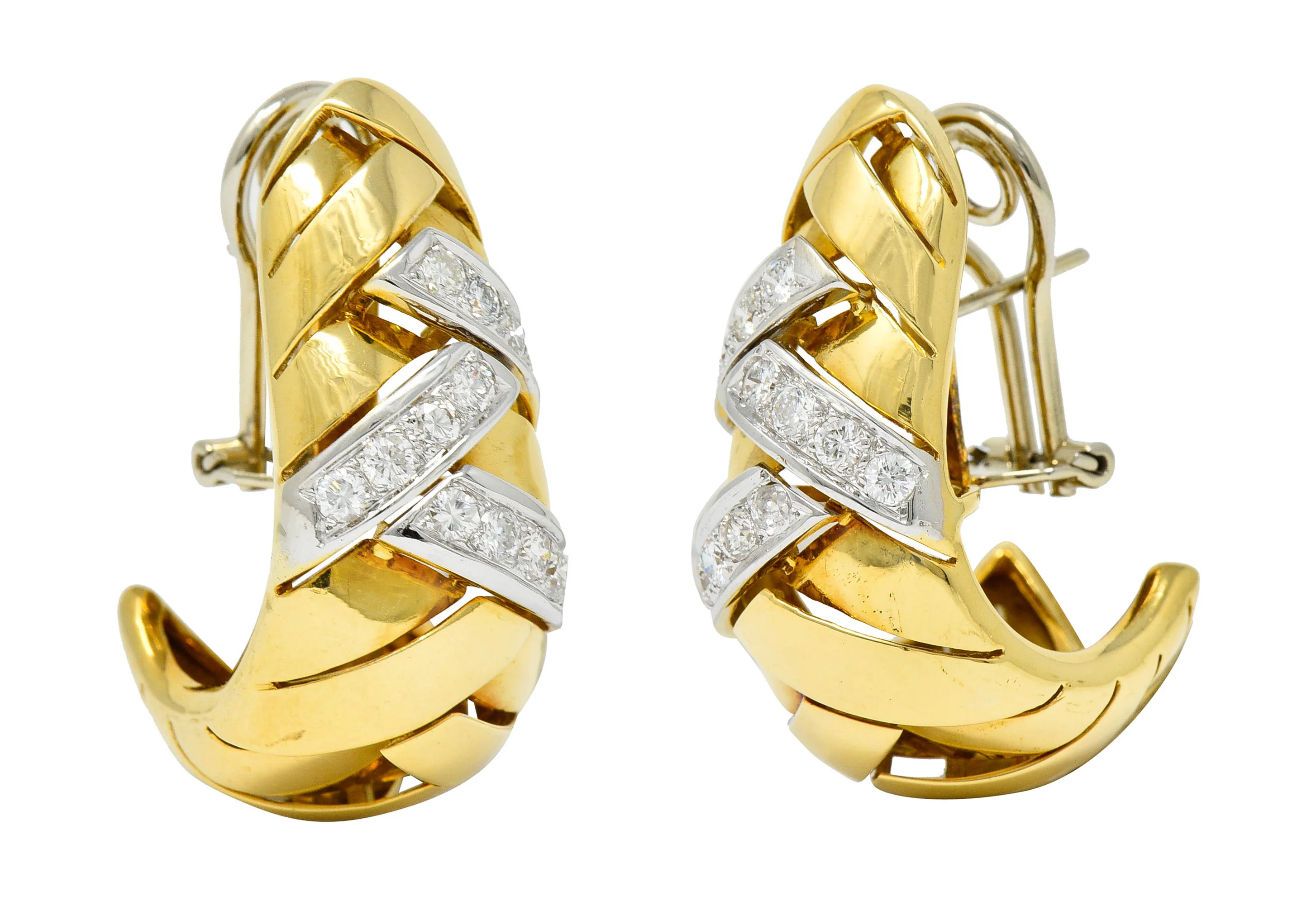 1970's Vintage Italian 2.08 CTW Diamond 18 Karat Two-Tone Gold Woven J Hoop Earrings - Image 7
