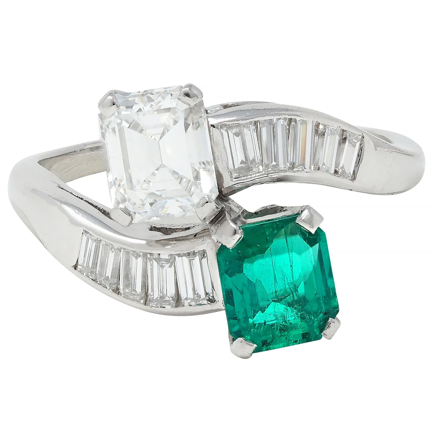 1980's Emerald Diamond Platinum Vintage Toi-Et-Moi Bypass Engagement Ring