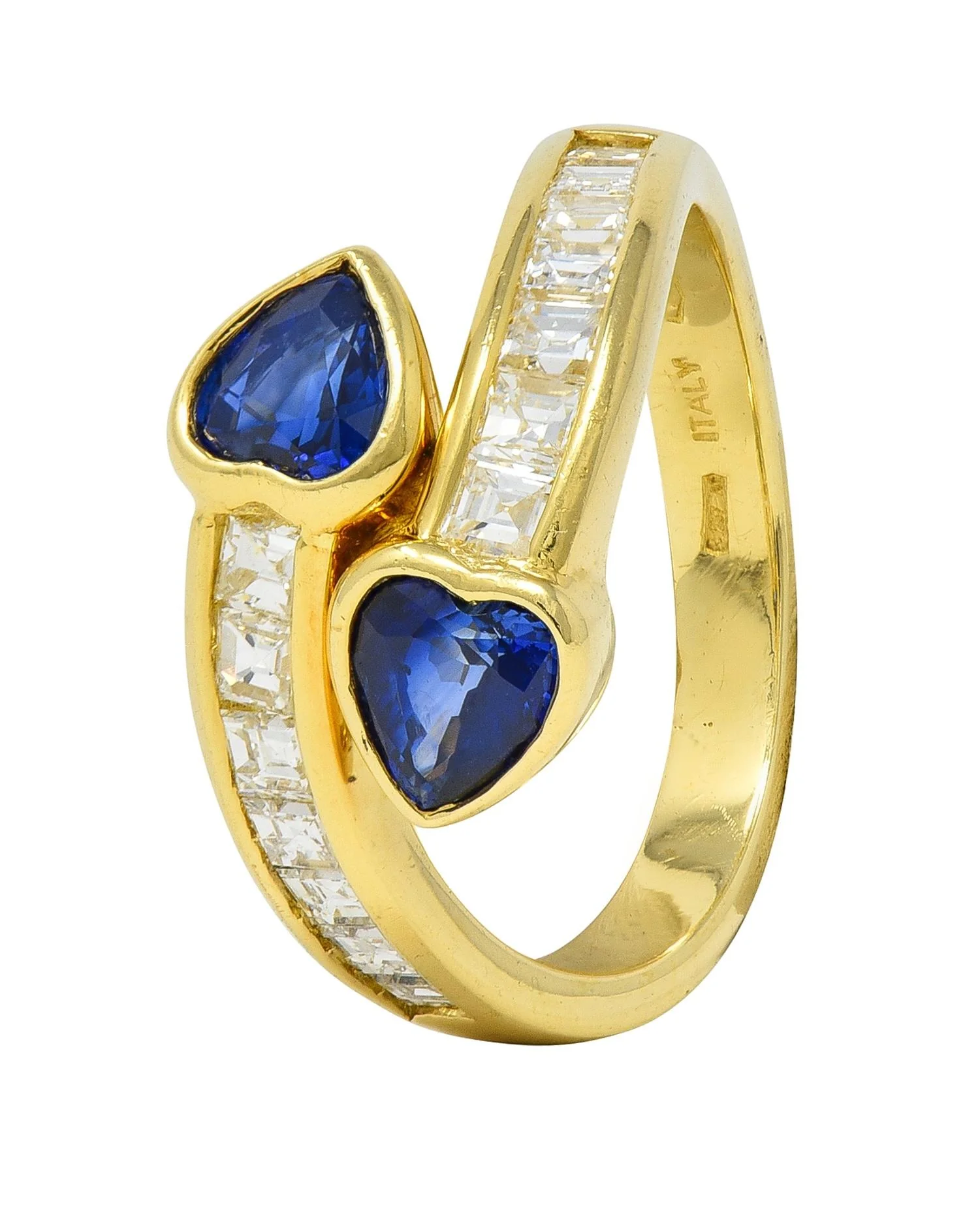 1980's Sapphire Diamond 18 Karat Yellow Gold Vintage Heart Bypass Ring - Image 2