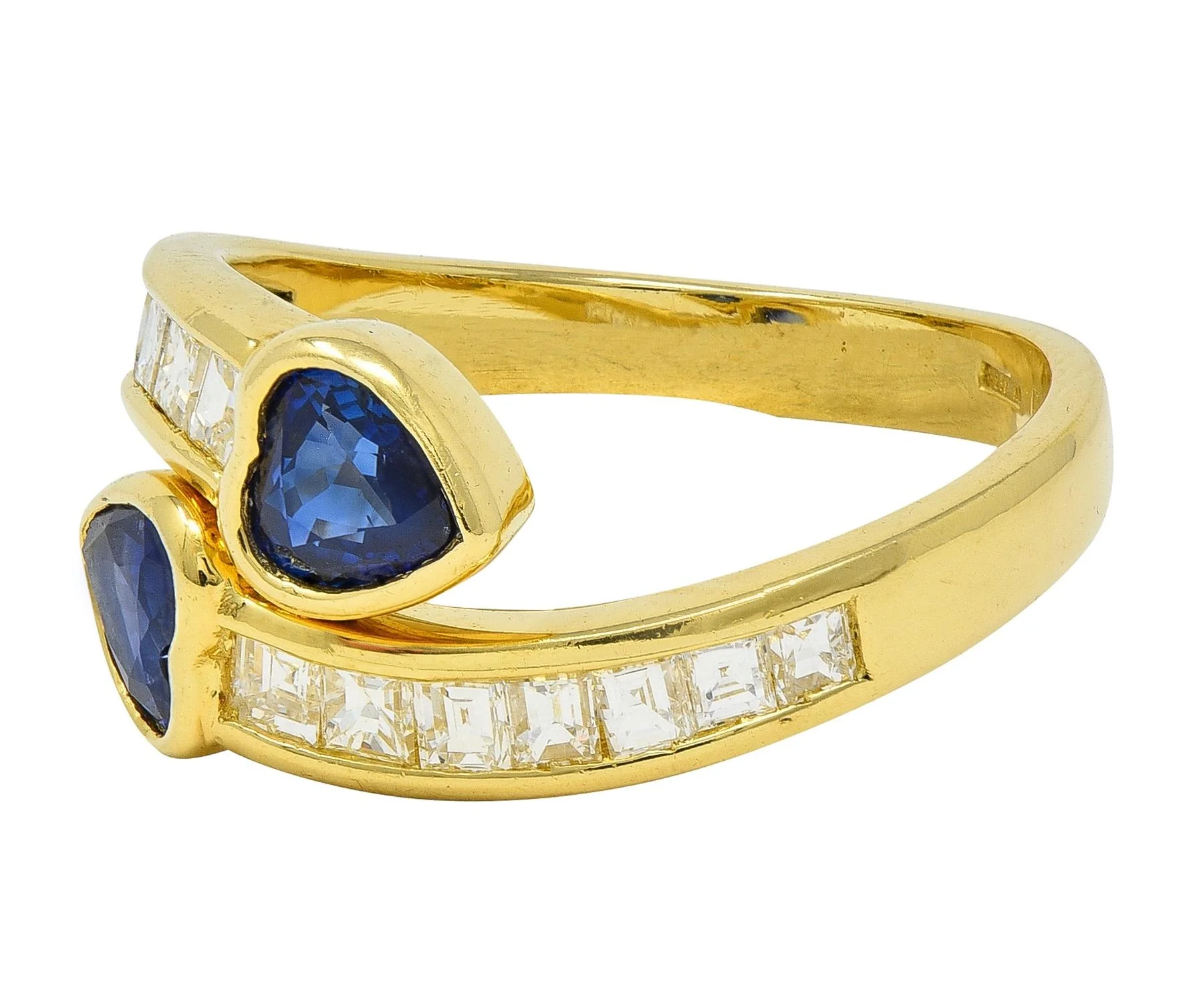 1980's Sapphire Diamond 18 Karat Yellow Gold Vintage Heart Bypass Ring - Image 5